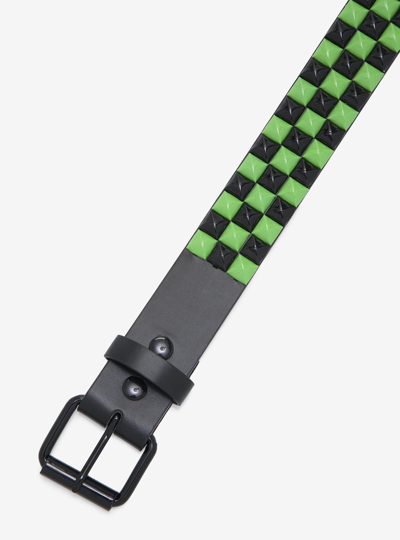 Black & Green Three Row Pyramid Stud Belt, , hi-res