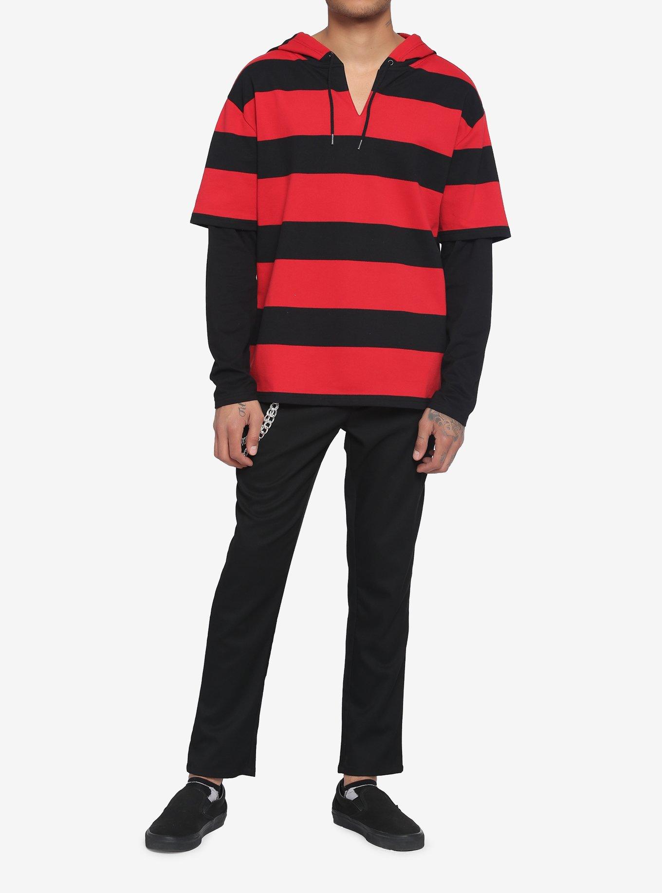 Red & Black Stripe Twofer Hoodie, STRIPE - RED, alternate