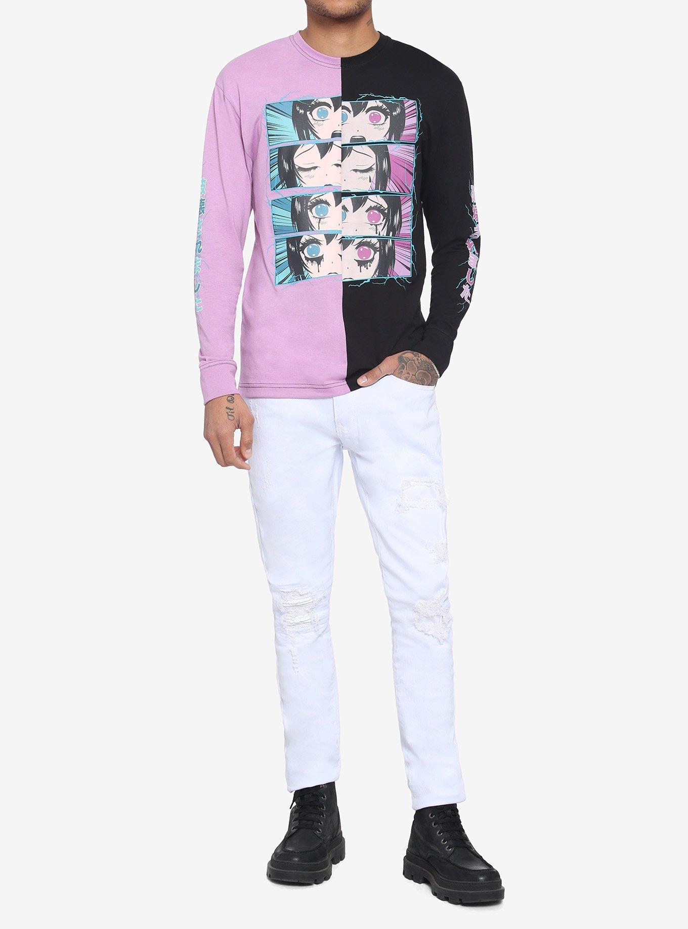 Pastel & Black Anime Eyes Split Long-Sleeve T-Shirt, STRIPE - PURPLE, alternate