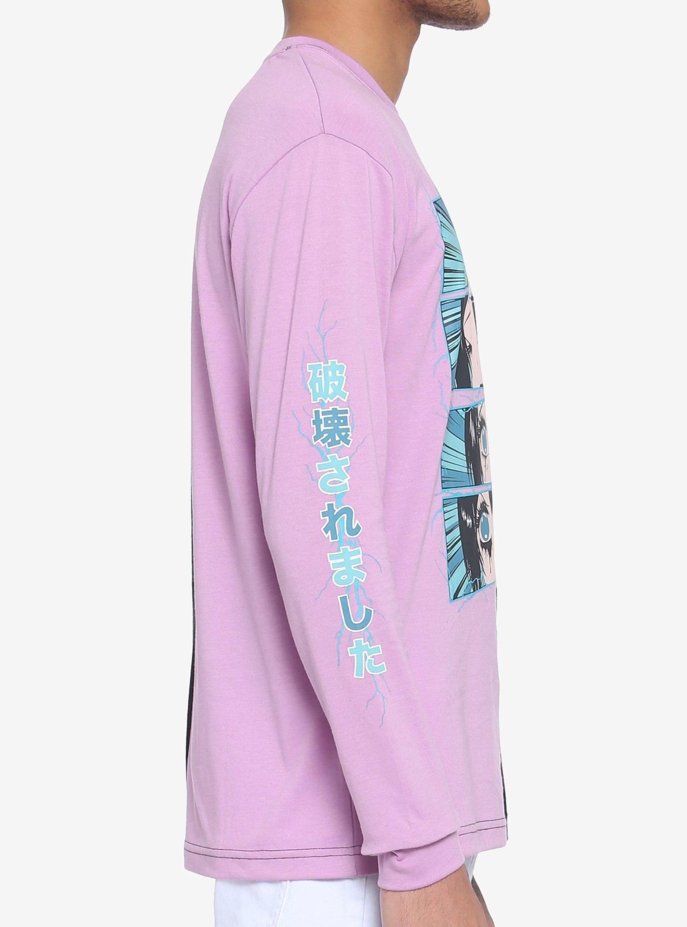 Pastel & Black Anime Eyes Split Long-Sleeve T-Shirt, STRIPE - PURPLE, alternate