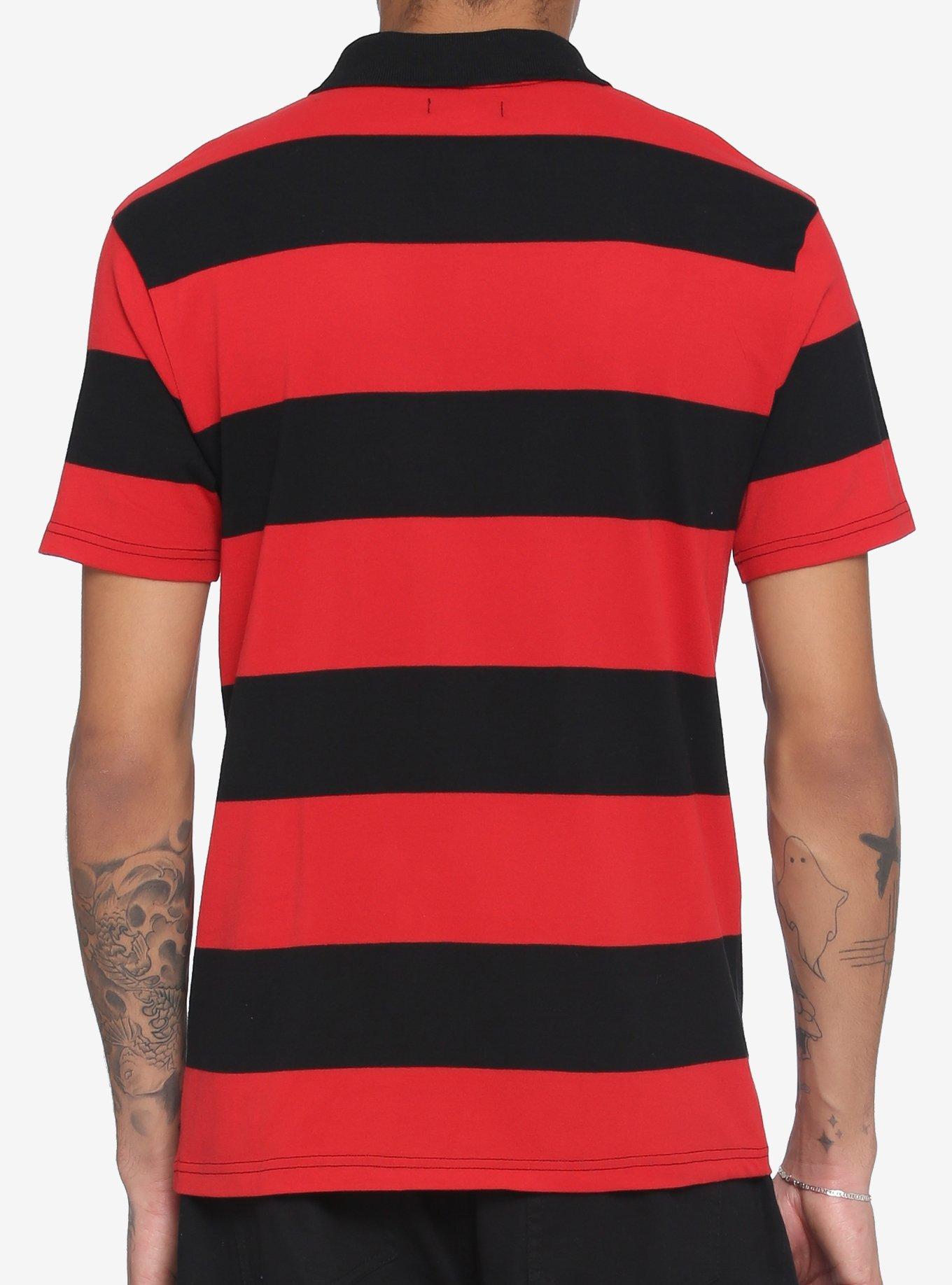 Red & Black Stripe O-Ring Zipper Polo Shirt, STRIPE - RED, alternate