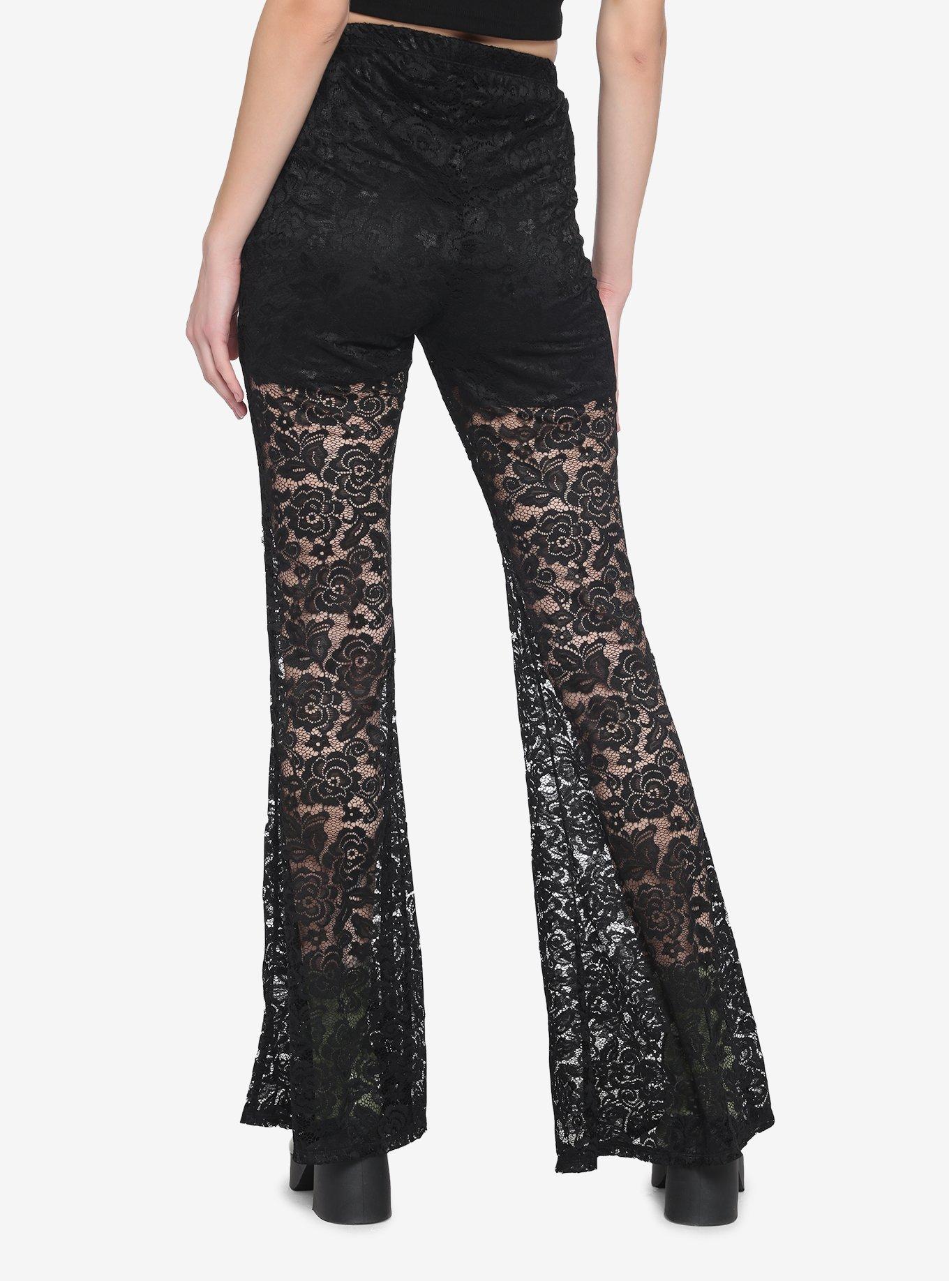 Black Sheer Lace Flare Leggings, BLACK, alternate