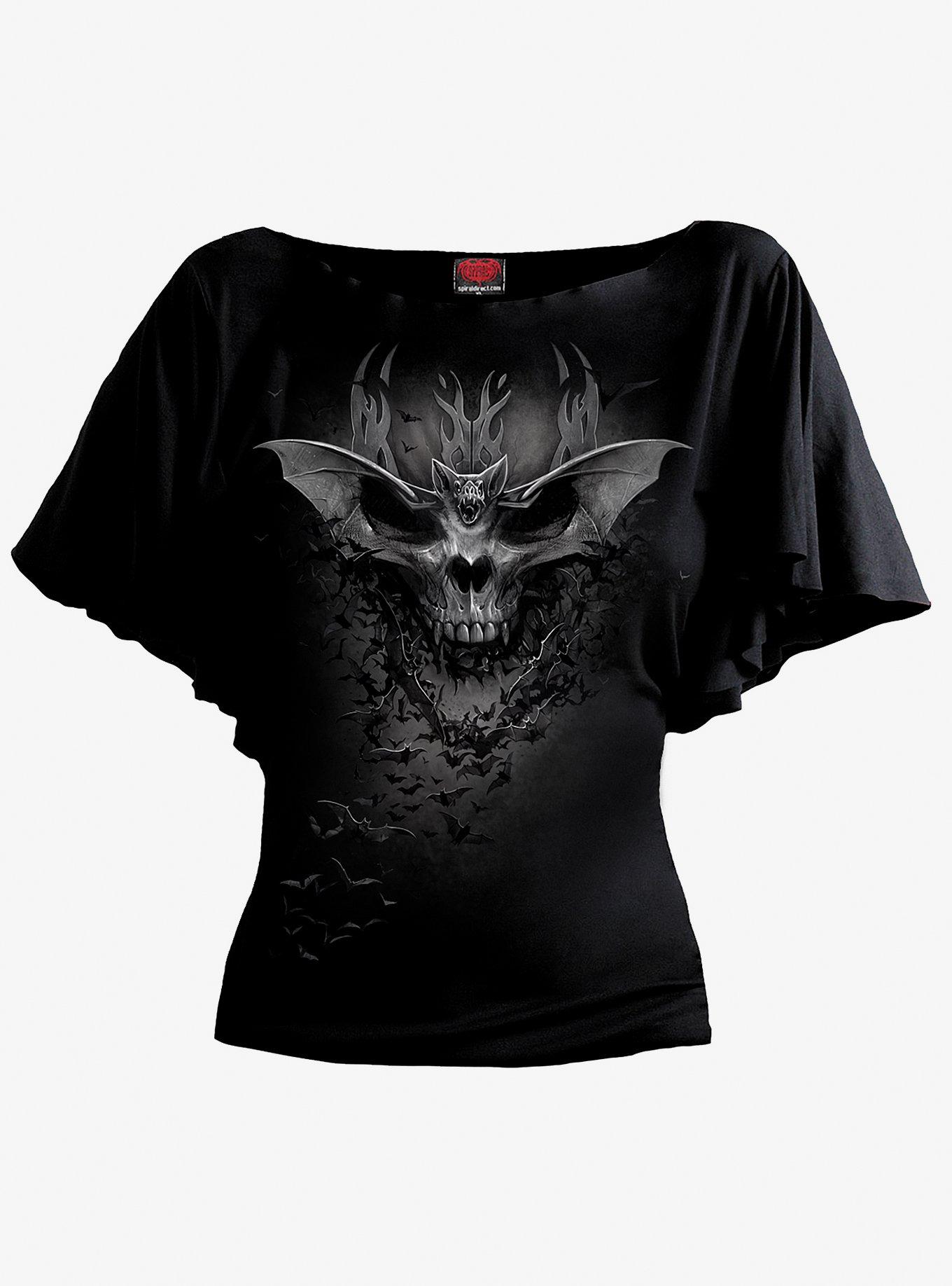 Bat Skull Batwing Sleeve Top, BLACK, alternate