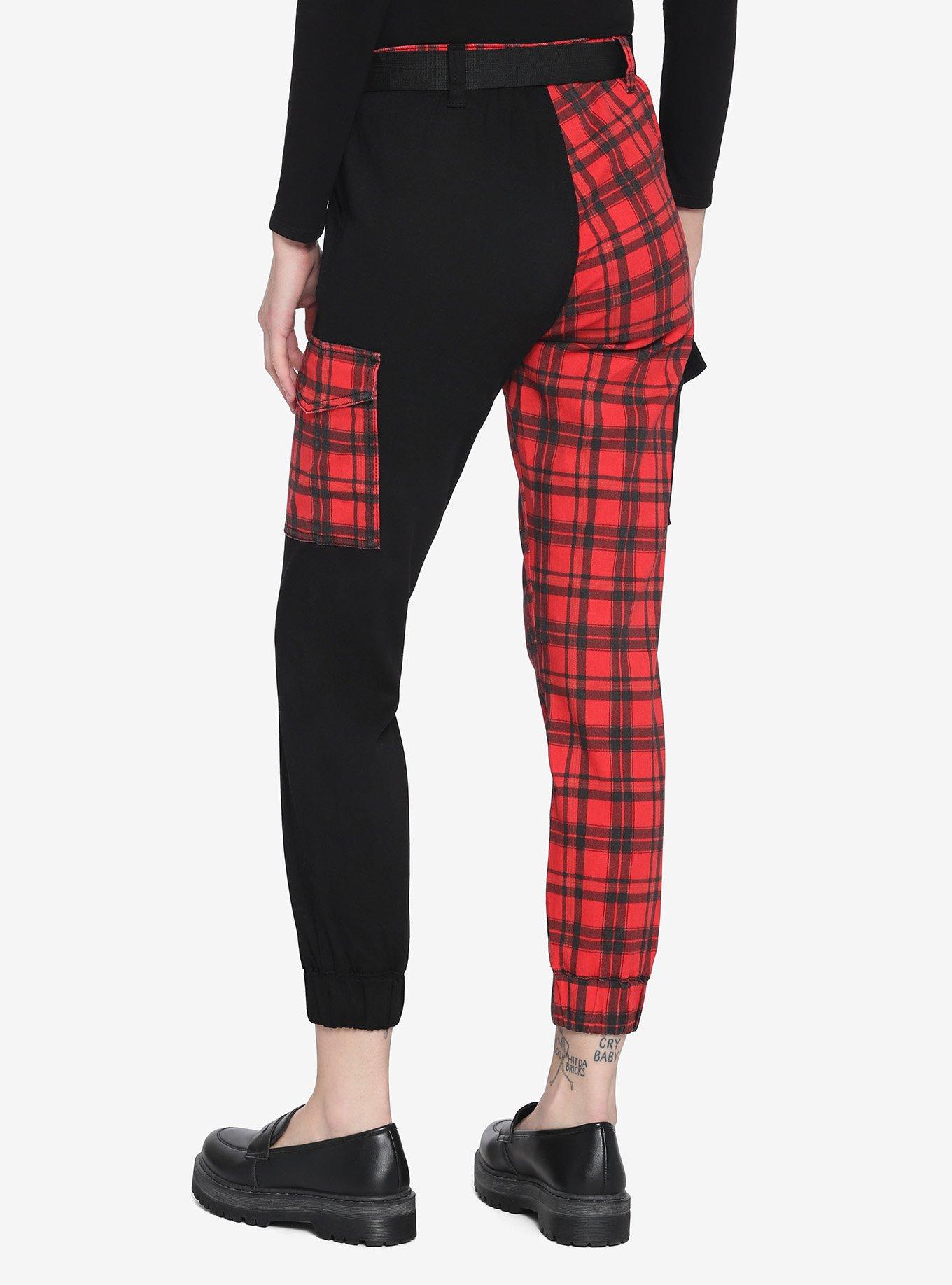 Black & Red Plaid Split Cargo Jogger Pants, PLAID, alternate