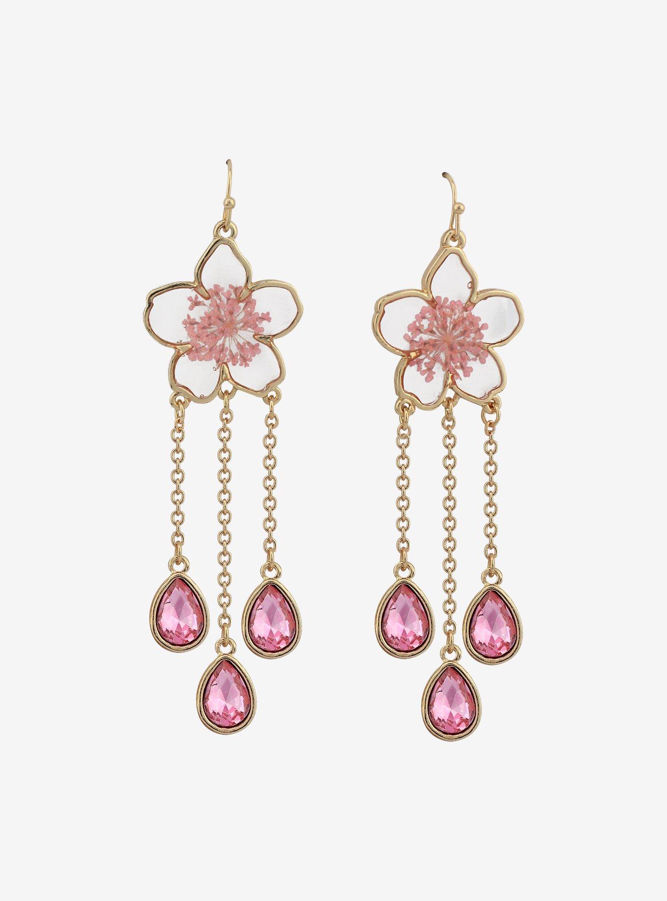 Dried Sakura Blossom Multichain Drop Earrings, , alternate