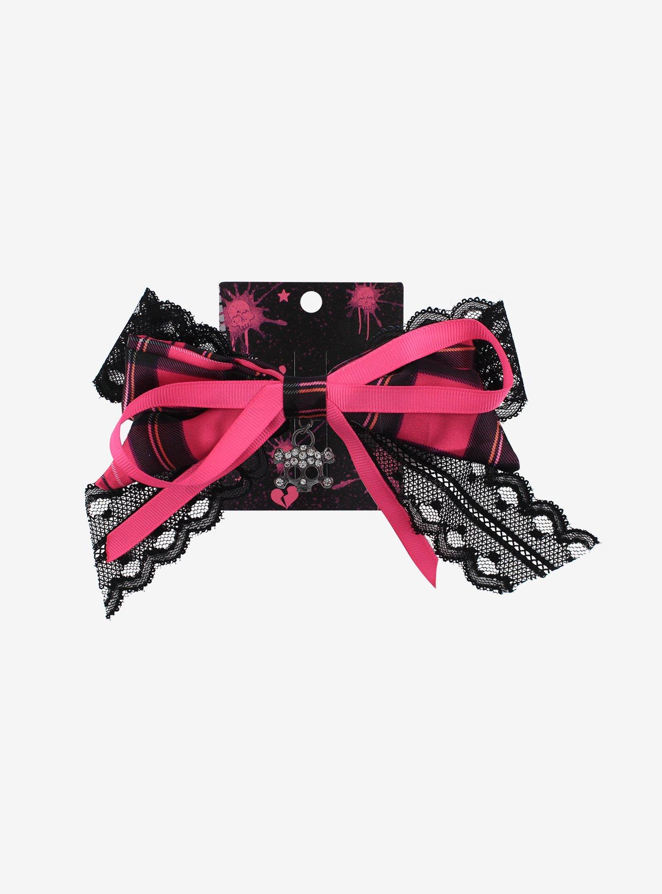 Skull & Lace Plaid Bow Hair Clip, , alternate