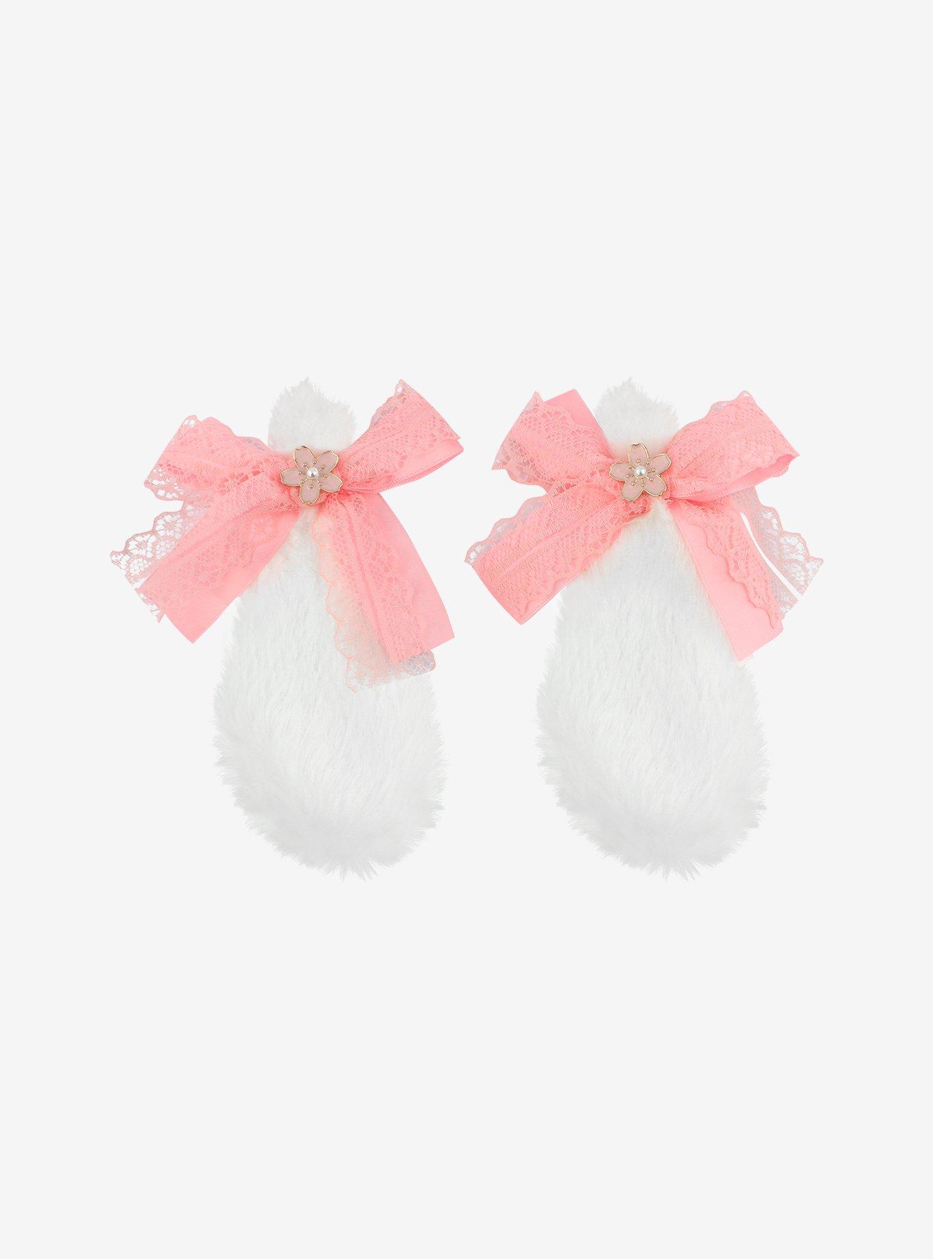 White And Pink Bow Puppy Ear Hair Clips, , alternate