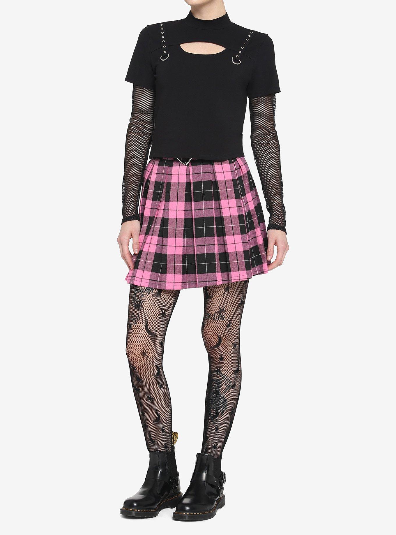 Black Fishnet & Grommets Mock Neck Twofer Girls Top, BLACK, alternate