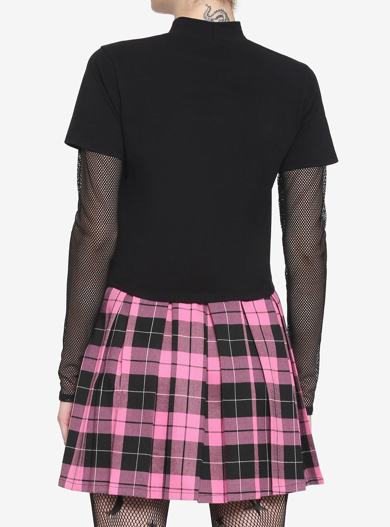 Black Fishnet & Grommets Mock Neck Twofer Girls Top, BLACK, alternate