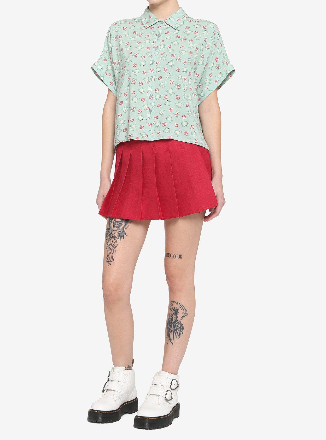 Frog & Mushroom Boxy Girls Crop Woven Button-Up, GREEN, alternate