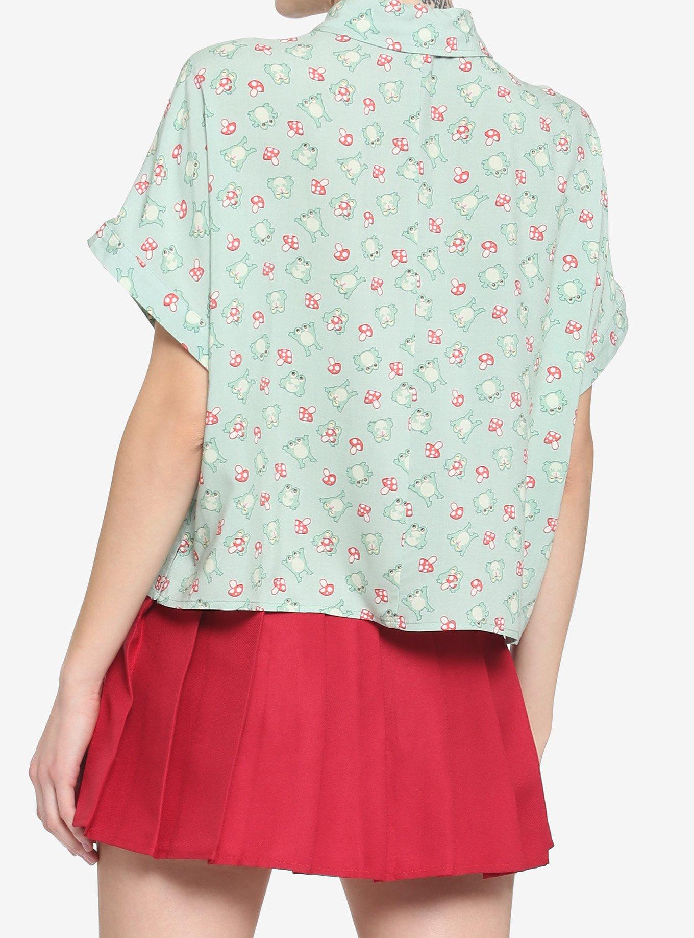 Frog & Mushroom Boxy Girls Crop Woven Button-Up, GREEN, alternate