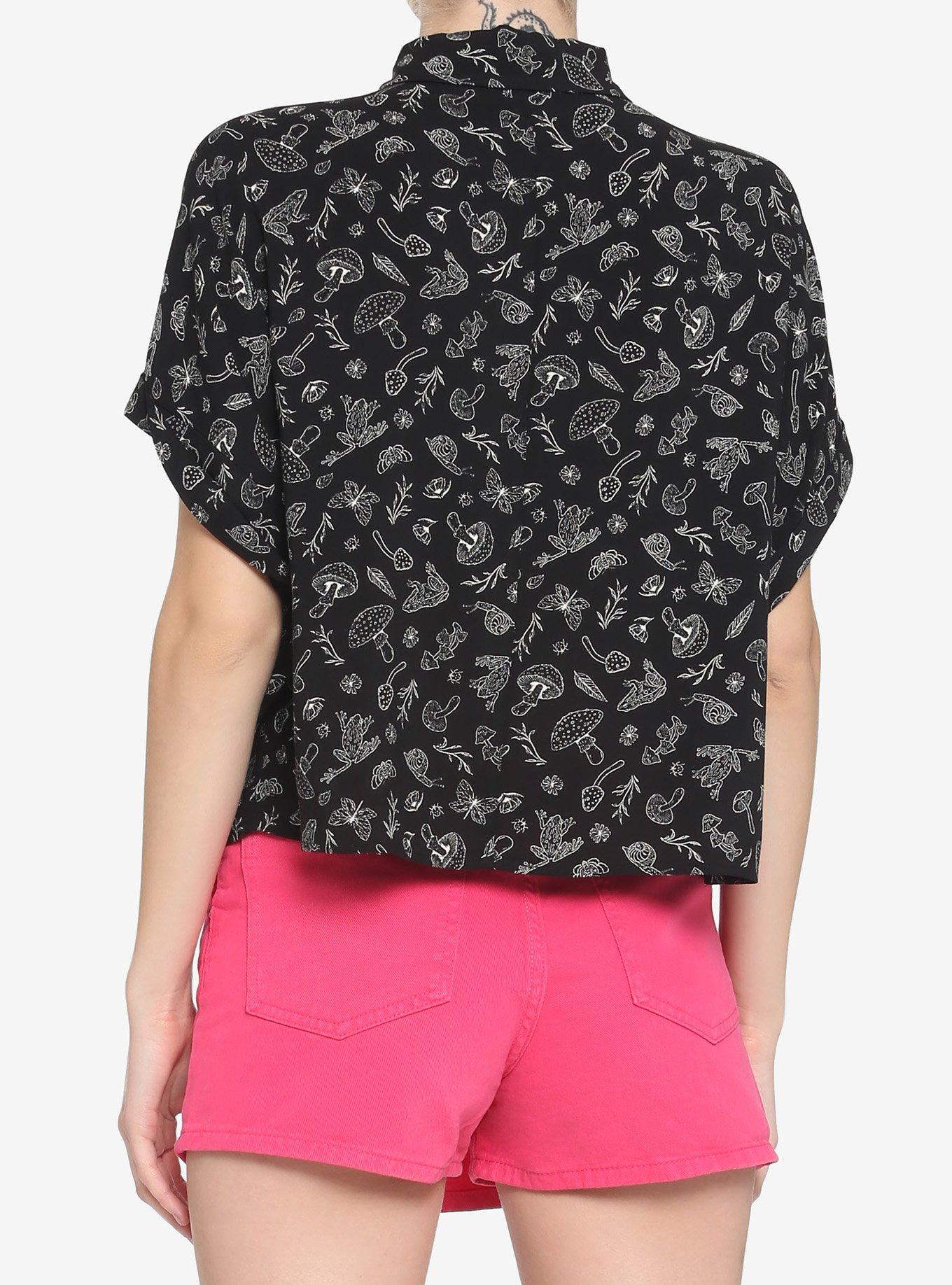 Black & White Frog Boxy Girls Crop Woven Button-Up, BLACK, alternate