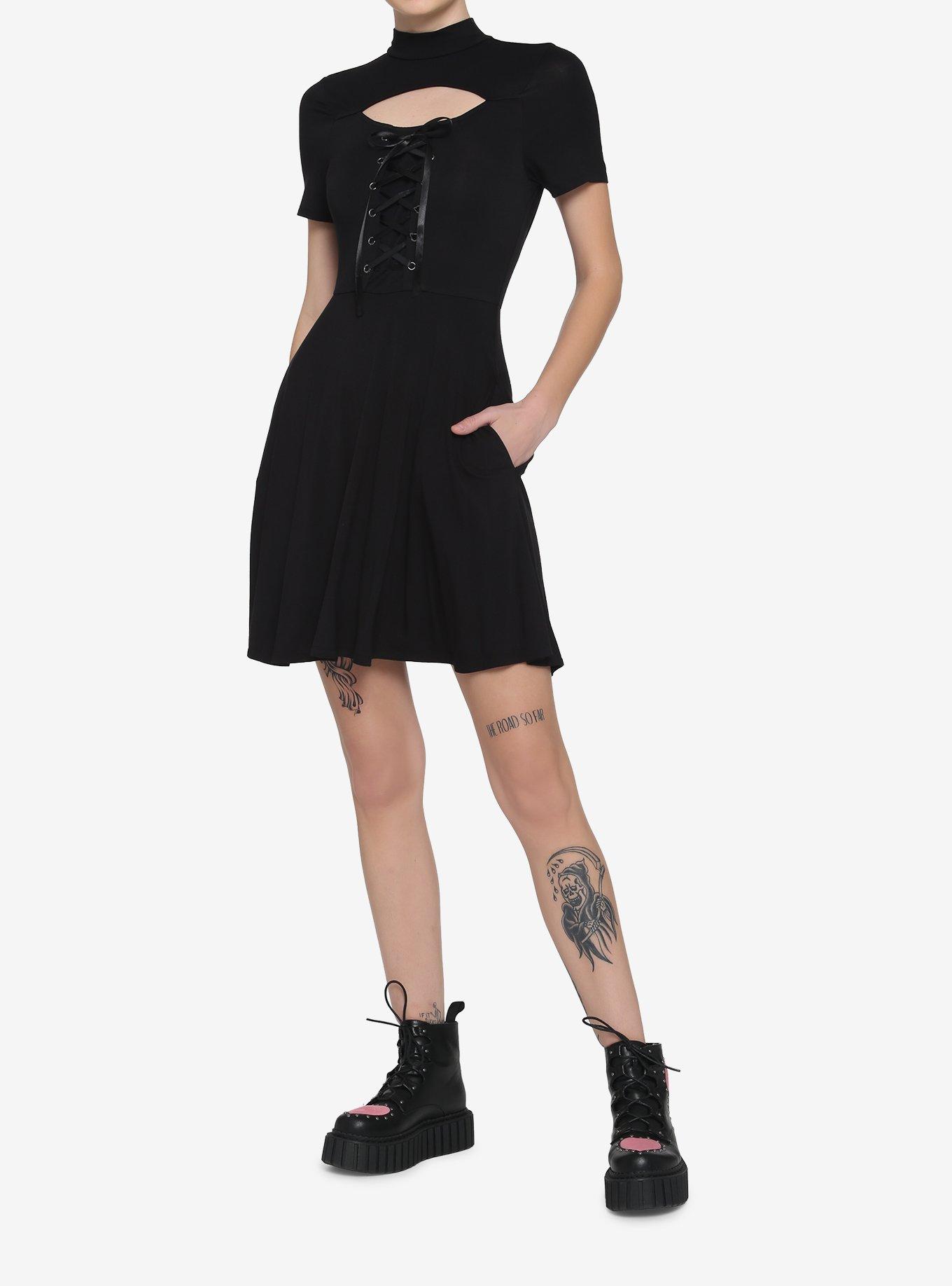Black Cutout Lace-Up Dress, BLACK, alternate