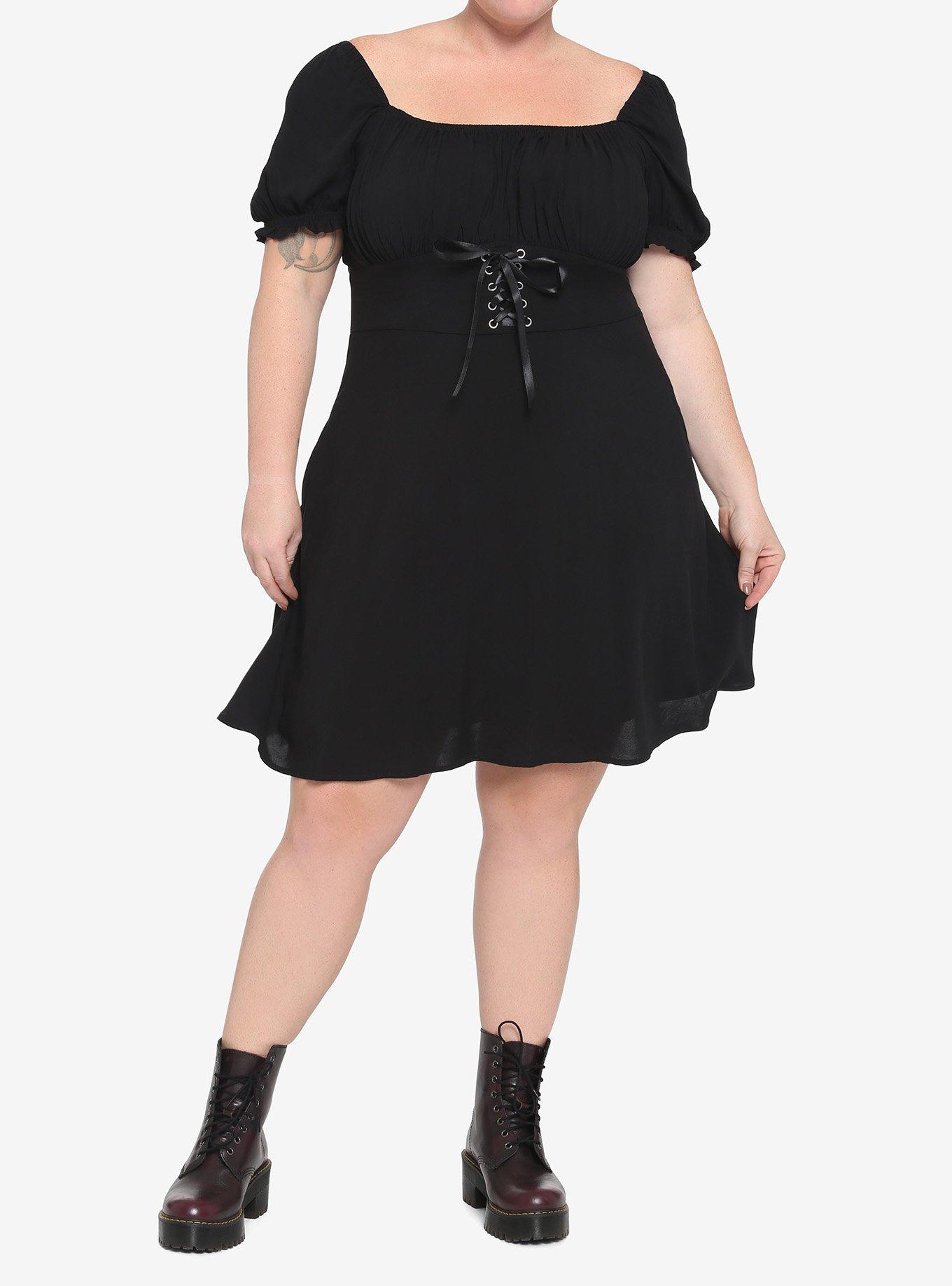 Black Puff Sleeve Corset Dress Plus Size, , alternate
