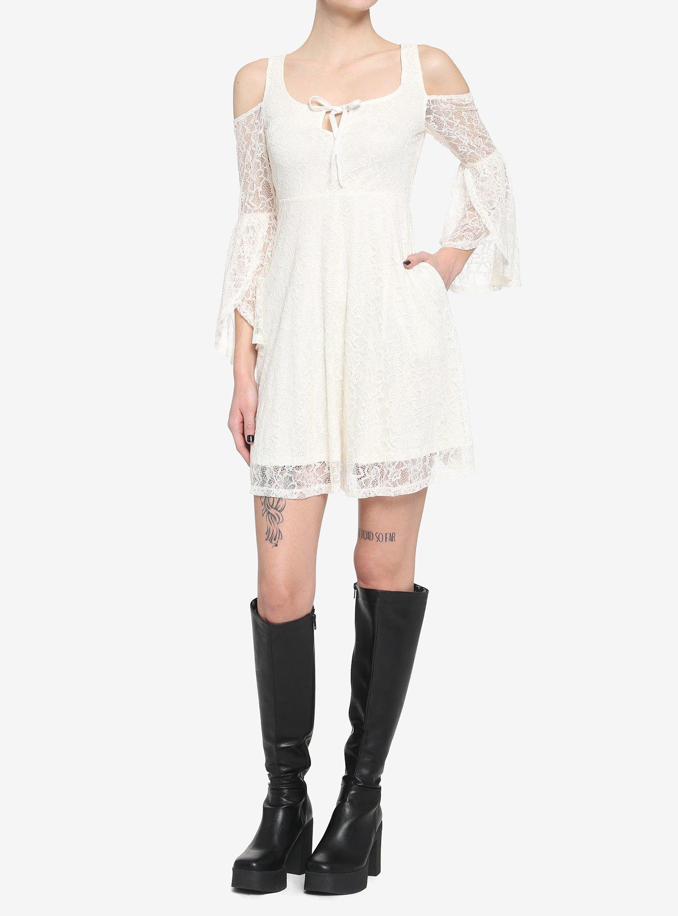 Ivory Cold Shoulder Bell-Sleeve Lace Dress, , hi-res