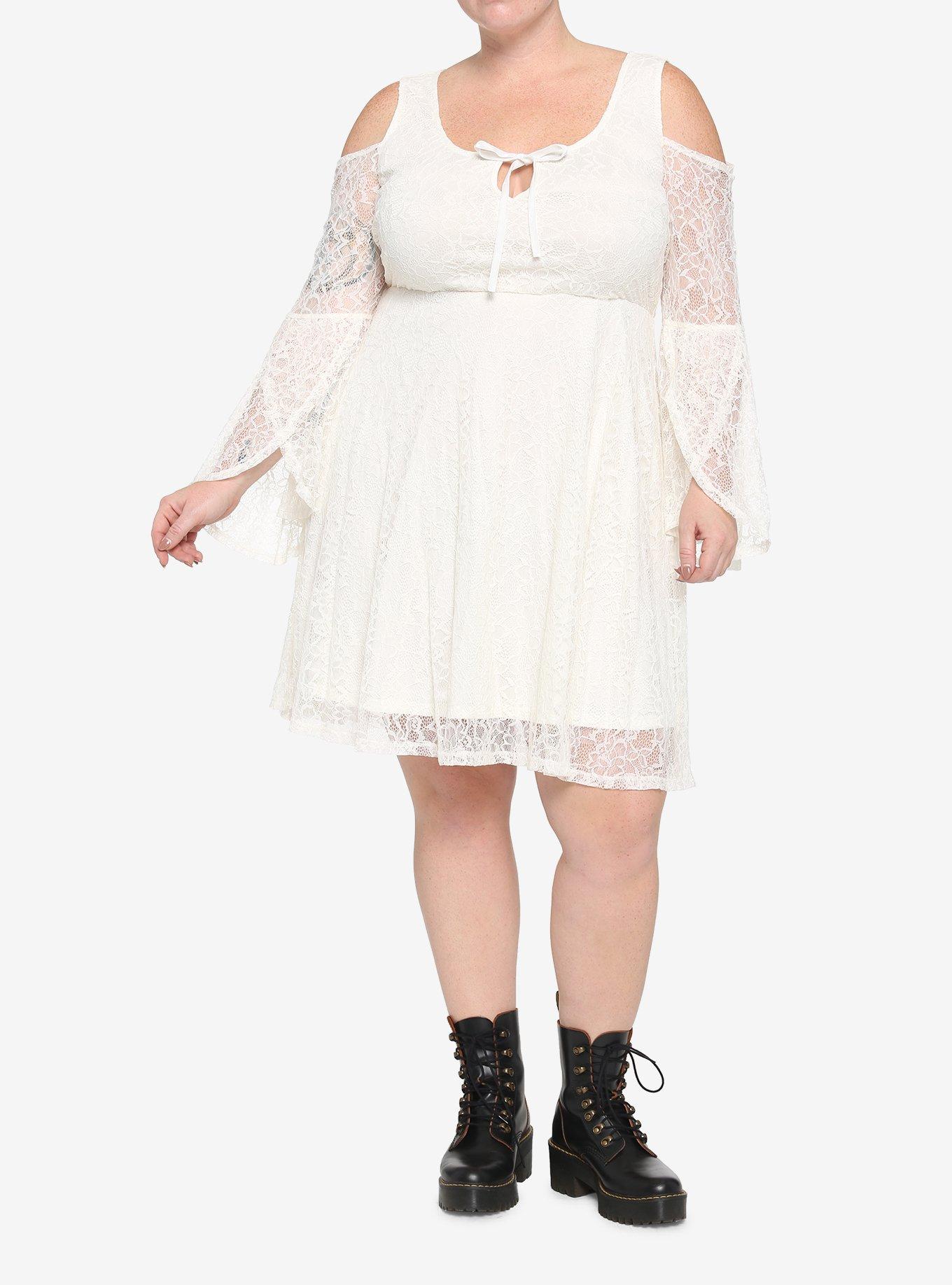 Ivory Cold Shoulder Bell Sleeve Lace Dress Plus Size, IVORY, alternate