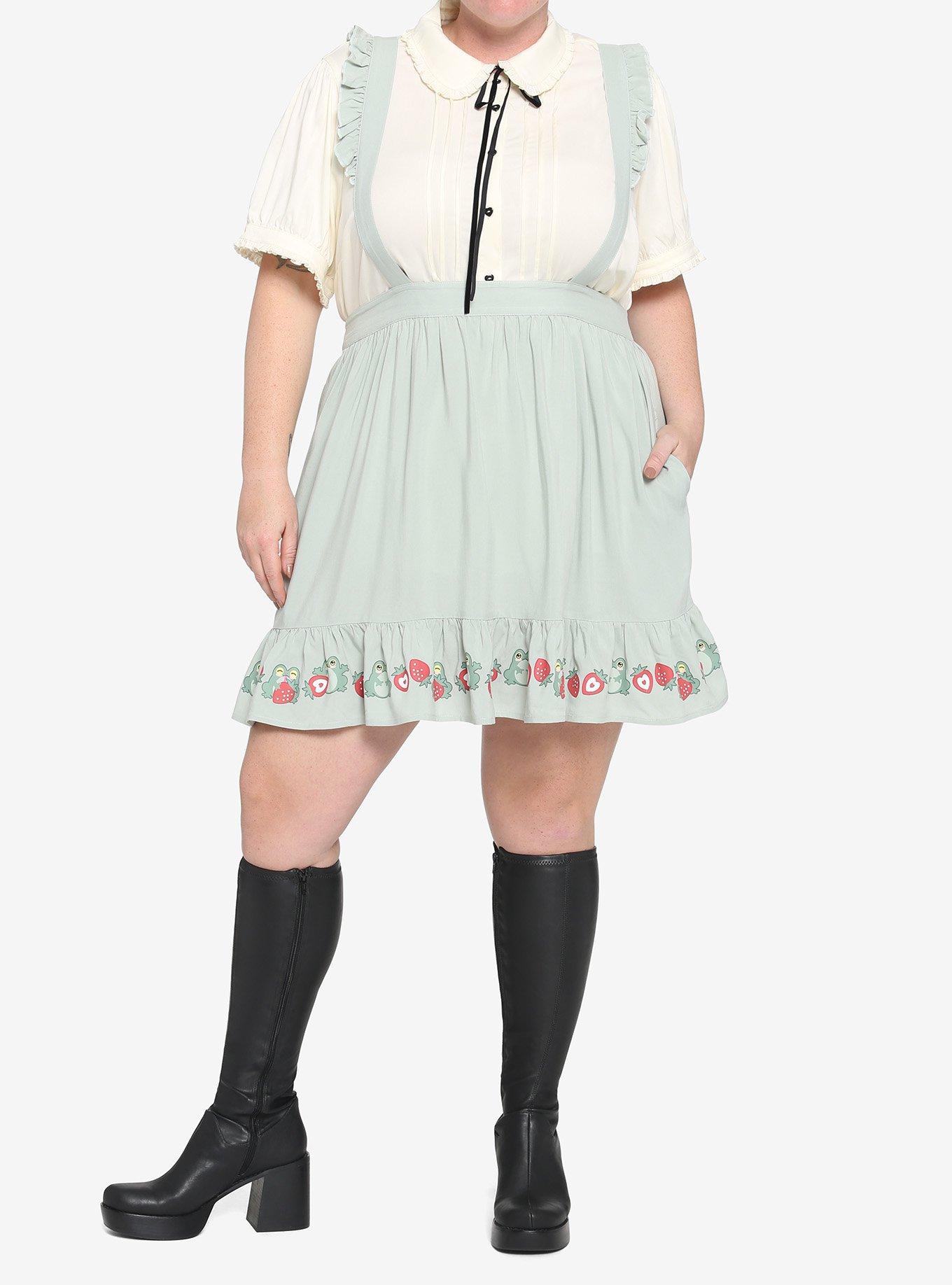 Frogs & Strawberries Ruffle Suspender Skirt Plus Size, GREEN, alternate