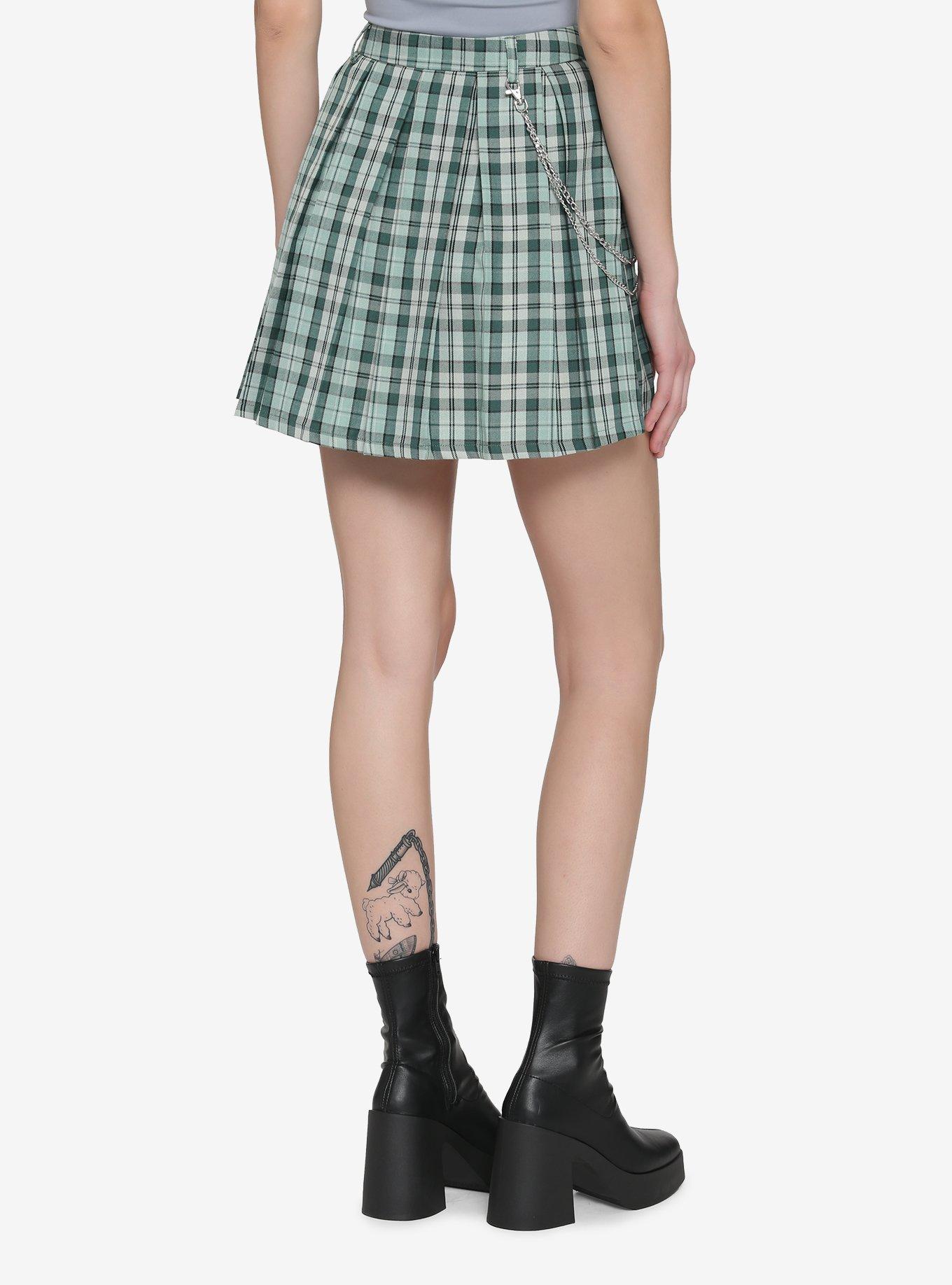 Green Plaid O-Ring Chain Skirt, PLAID - GREEN, alternate