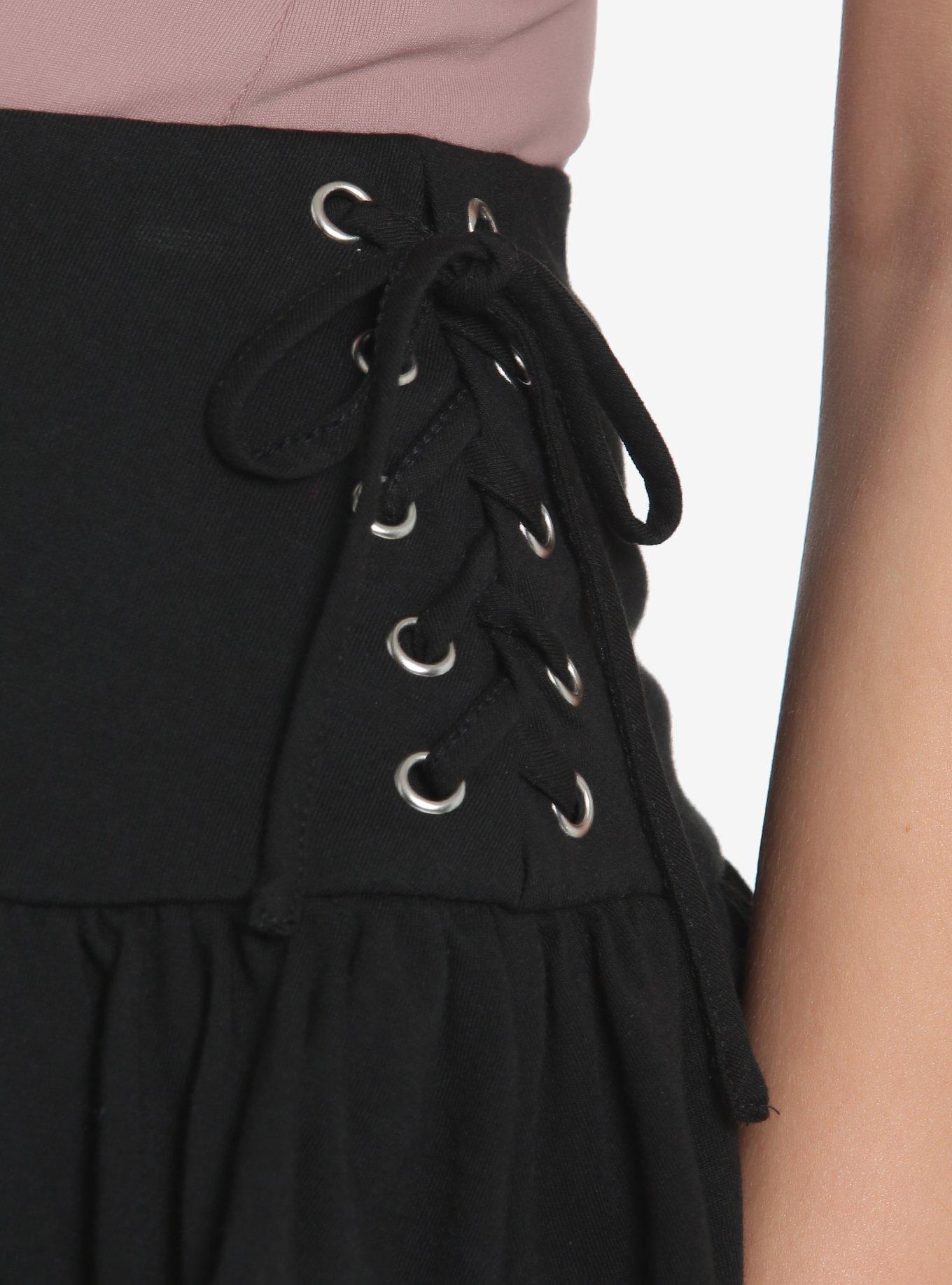 Black Lace-Up Tiered Skirt, BLACK, alternate