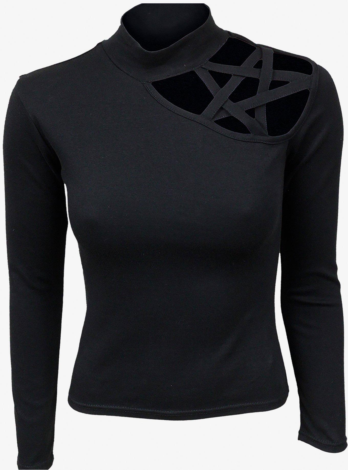 Black Pentagram Shoulder Longsleeve Top, BLACK, alternate