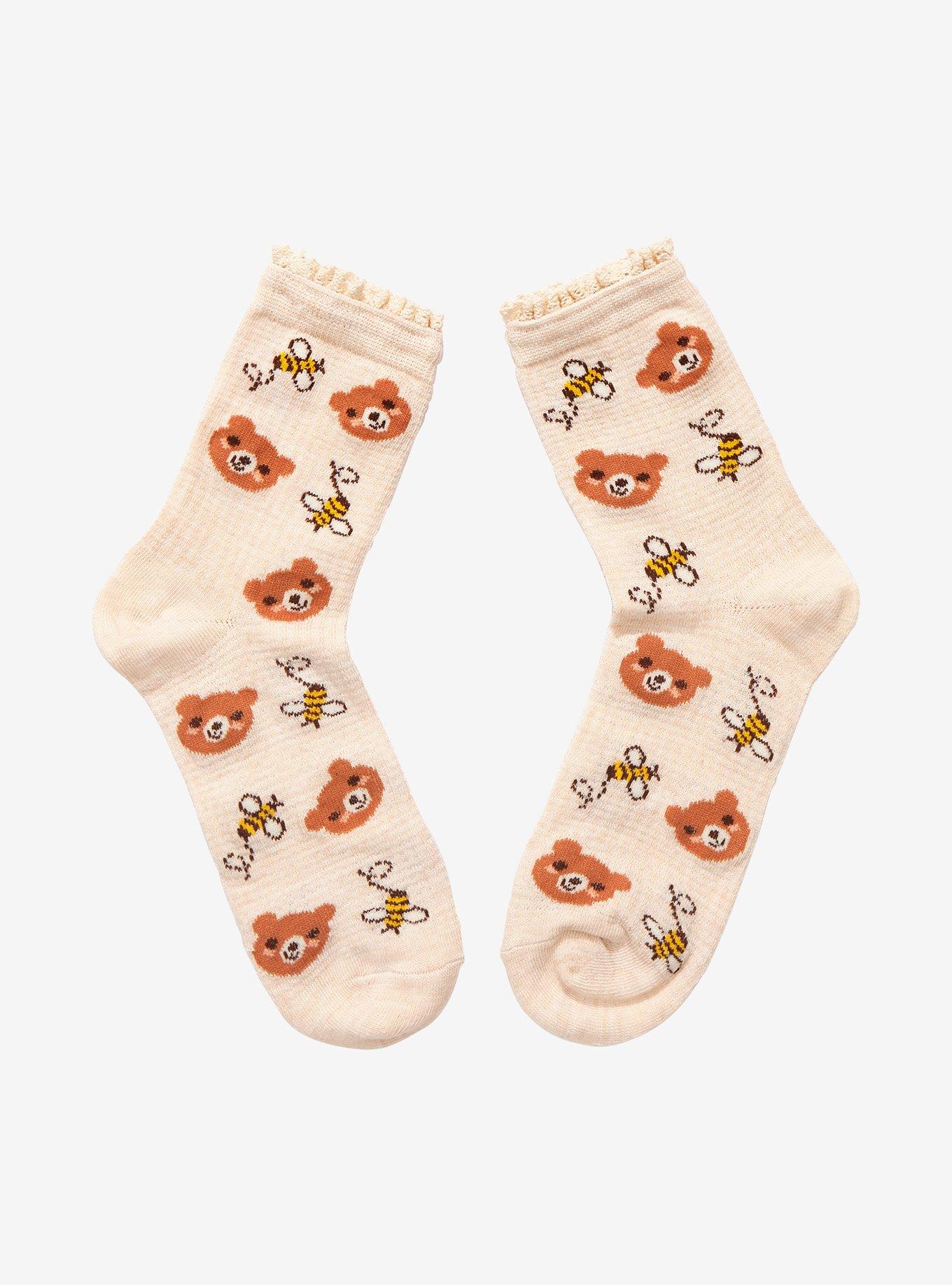 Bear & Bees Waffle Knit Ruffle Ankle Socks, , alternate