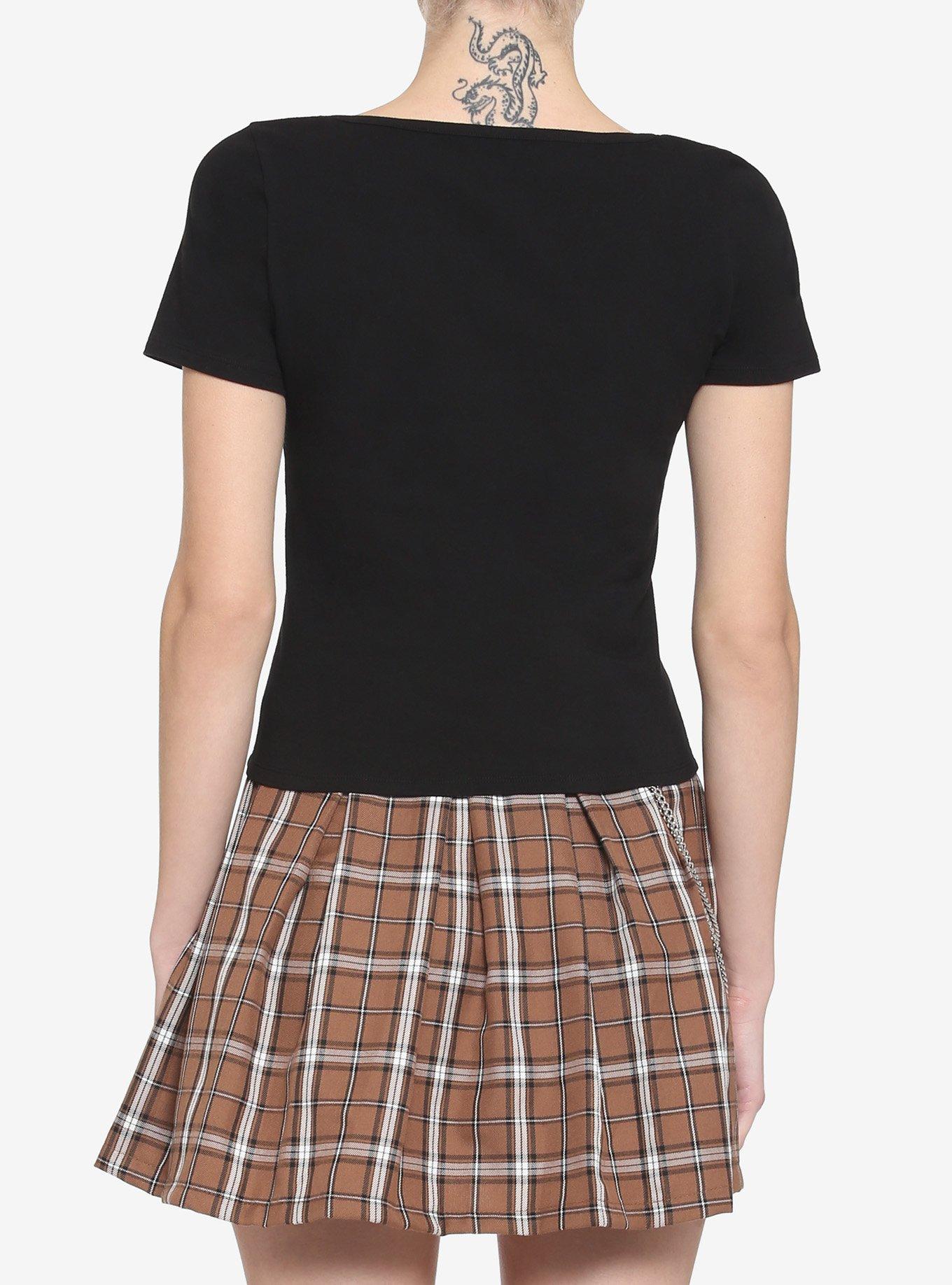 Black Lace-Up Girls Crop T-Shirt, BLACK, alternate