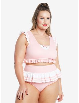 Pink & White Sailor Ruffle Swim Top Plus Size, , hi-res
