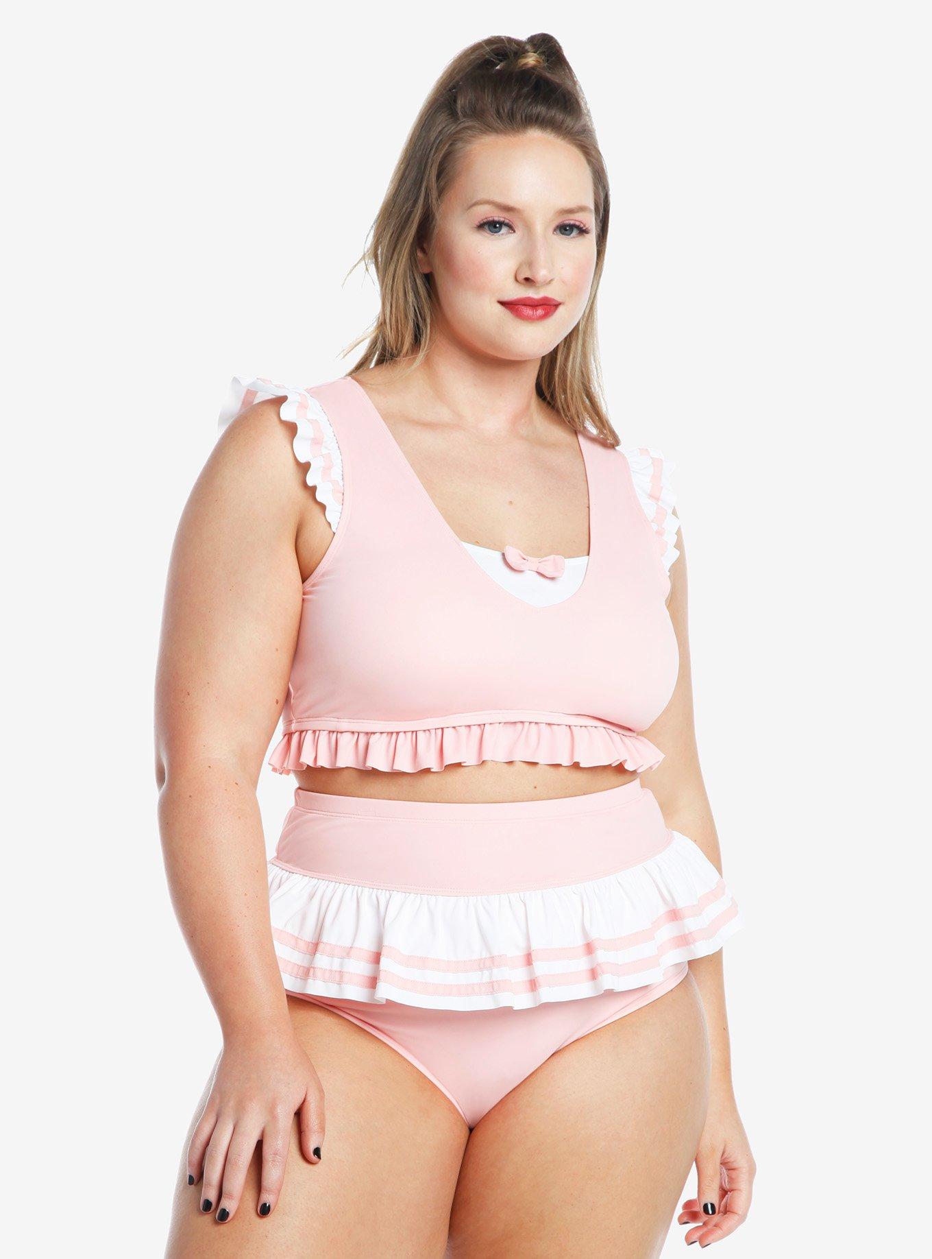 Pink & White Sailor Ruffle Swim Top Plus Size, MULTI, alternate