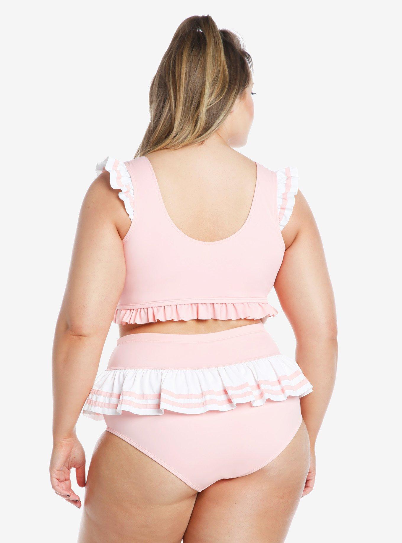 Pink & White Sailor Ruffle Swim Top Plus Size, MULTI, alternate
