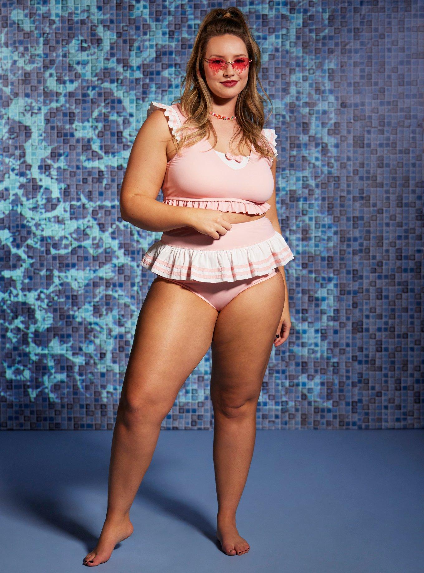 Pink & White Sailor Ruffle Swim Top Plus Size, MULTI, alternate