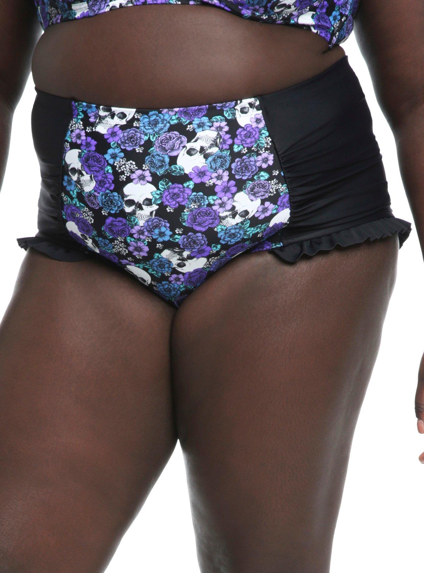 Skull Purple Floral Ruffle Swim Bottoms Plus Size, MULTI, alternate