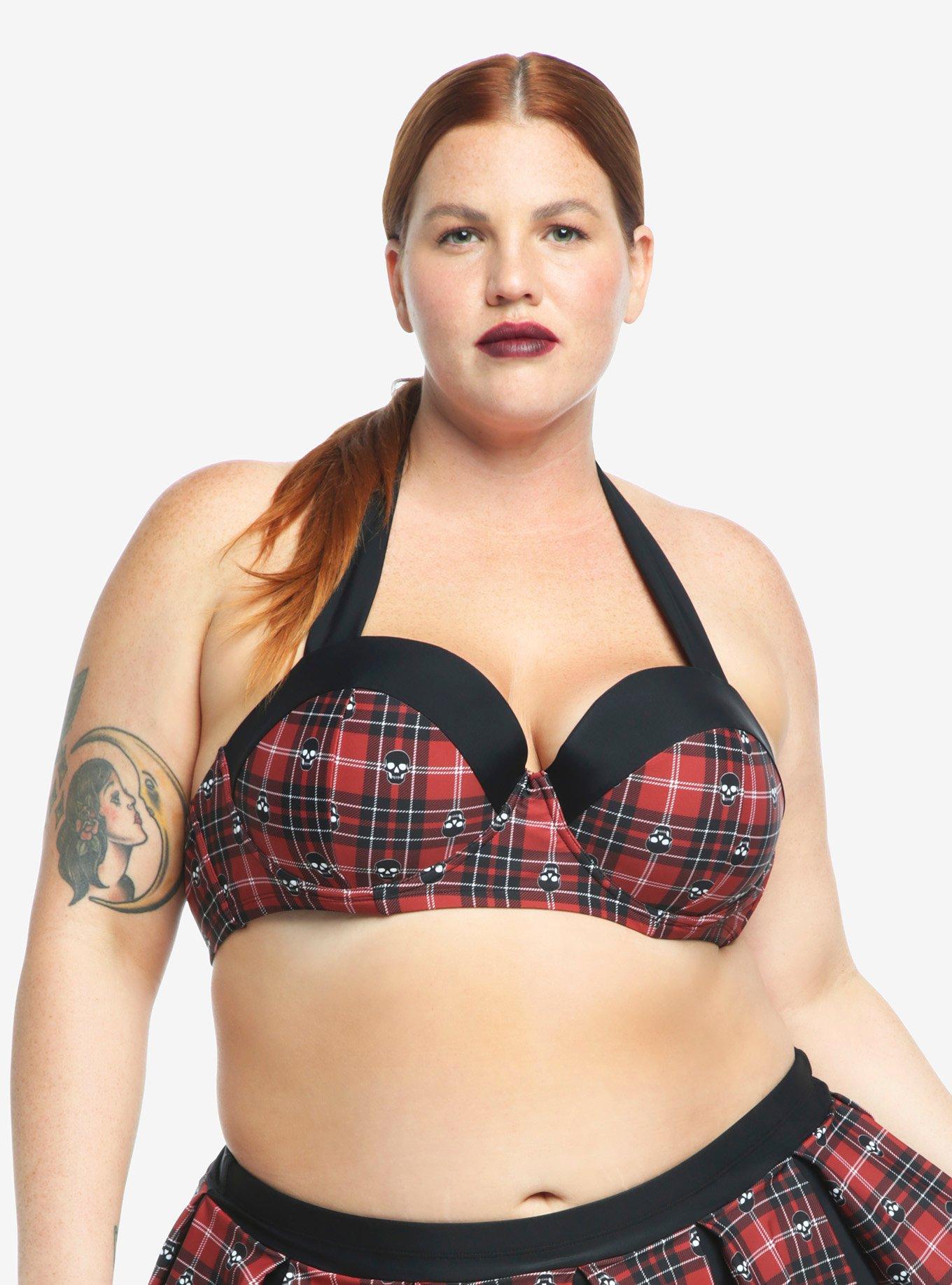 Red Plaid Skull Halter Swim Top Plus Size, MULTI, alternate