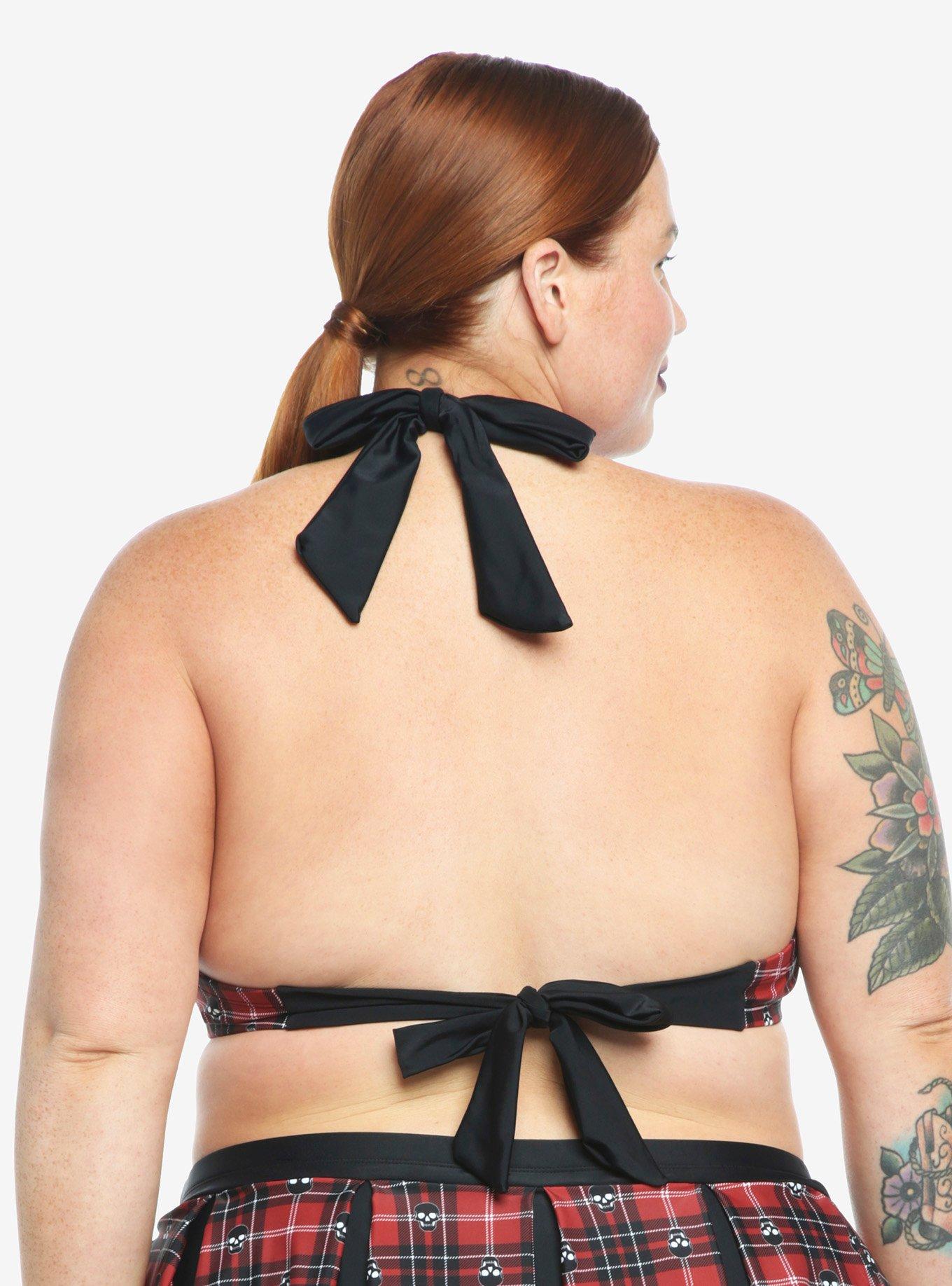 Red Plaid Skull Halter Swim Top Plus Size, MULTI, alternate