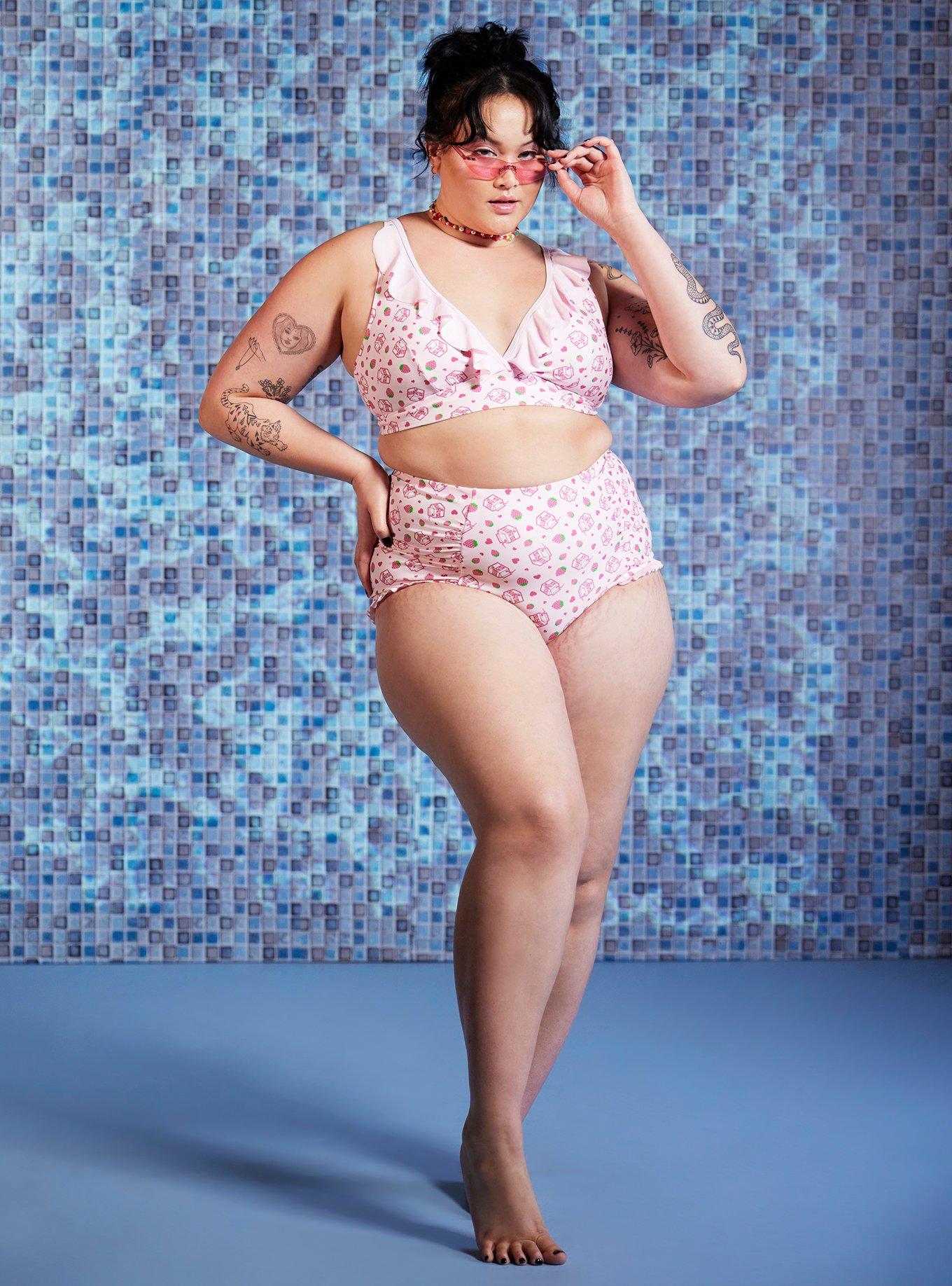 Strawberry Milk Ruffle High-Waisted Swim Bottoms Plus Size, MULTI, alternate