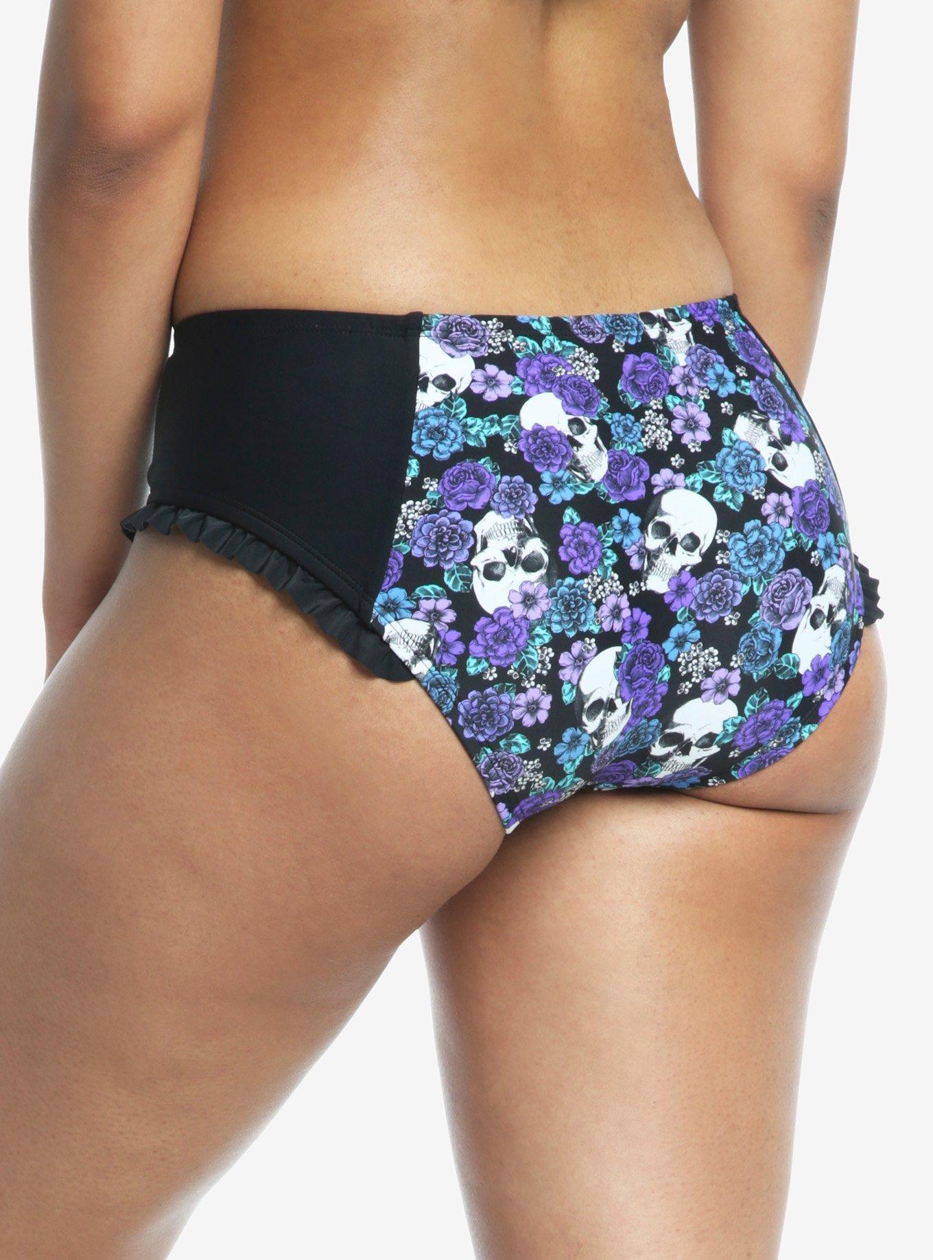 Skull Purple Floral Ruffle Swim Bottoms, MULTI, alternate