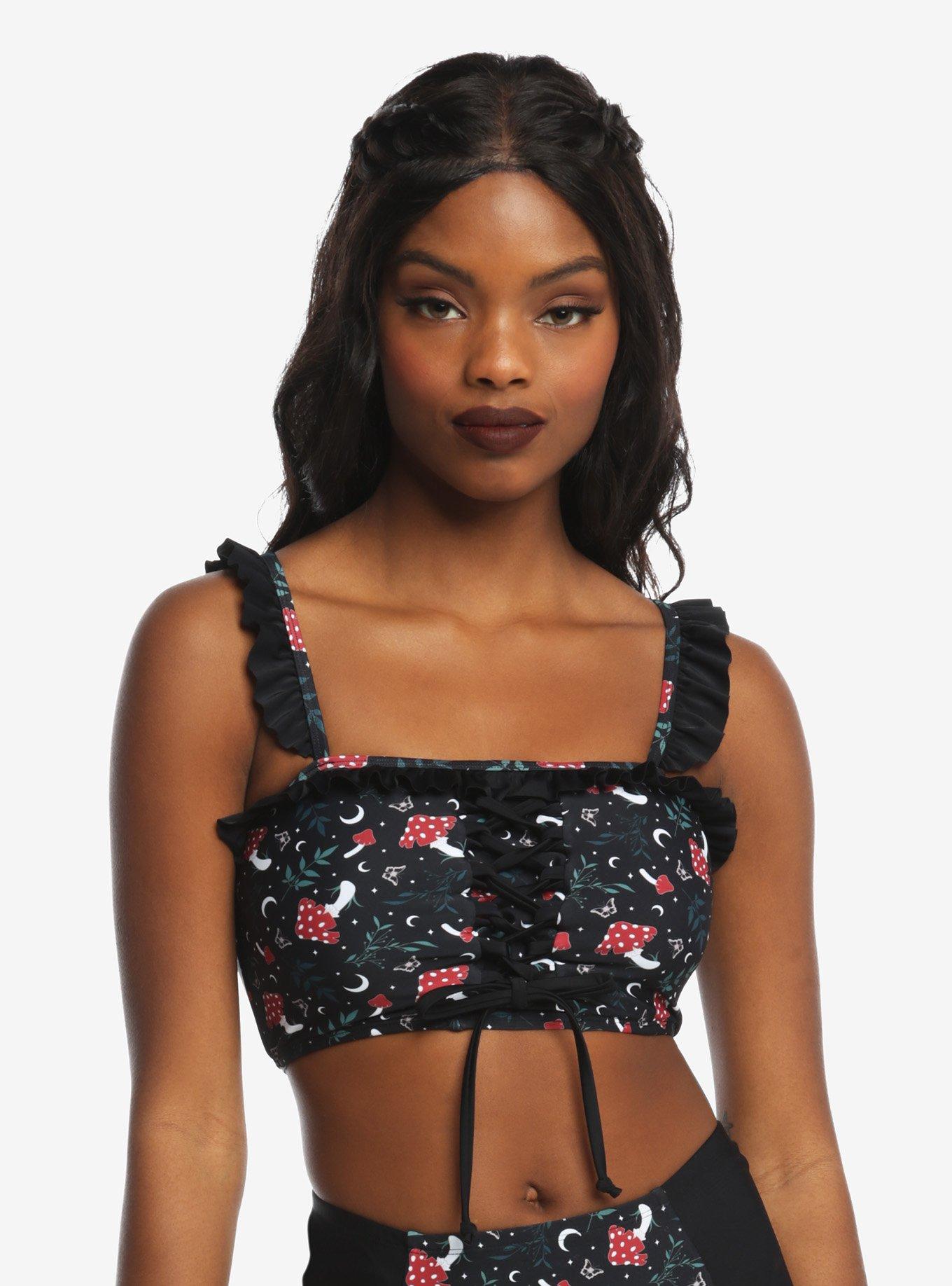 Mushroom Cottagecore Lace-Up Swim Top, MULTI, alternate
