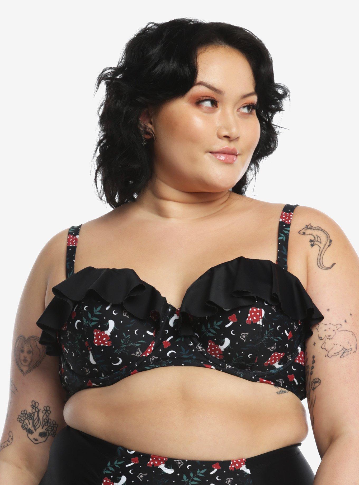 Mushroom Cottagecore Lace-Up Swim Top Plus Size, MULTI, alternate