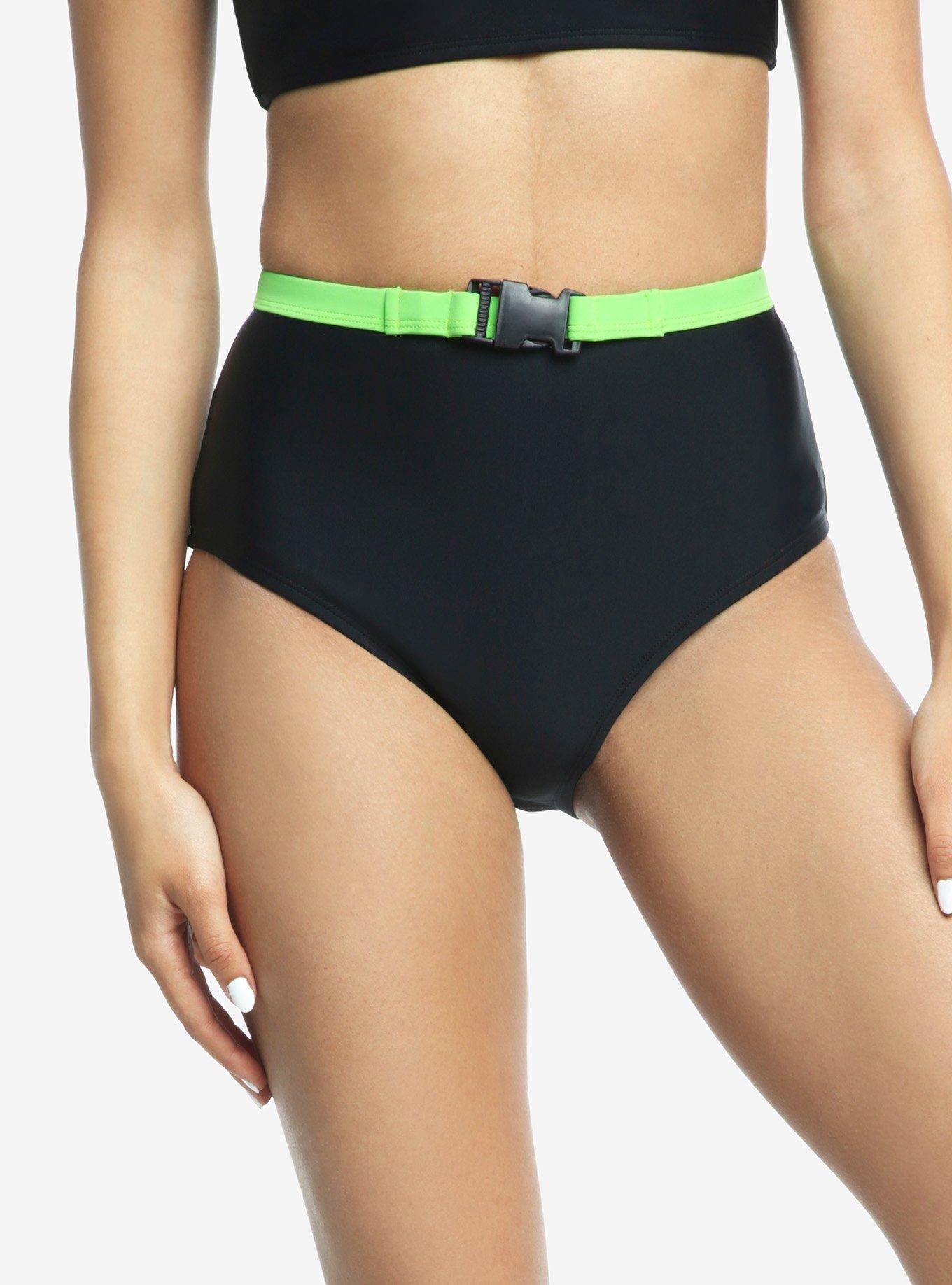 Black & Green Buckle High-Waisted Swim Bottom, GREEN, alternate