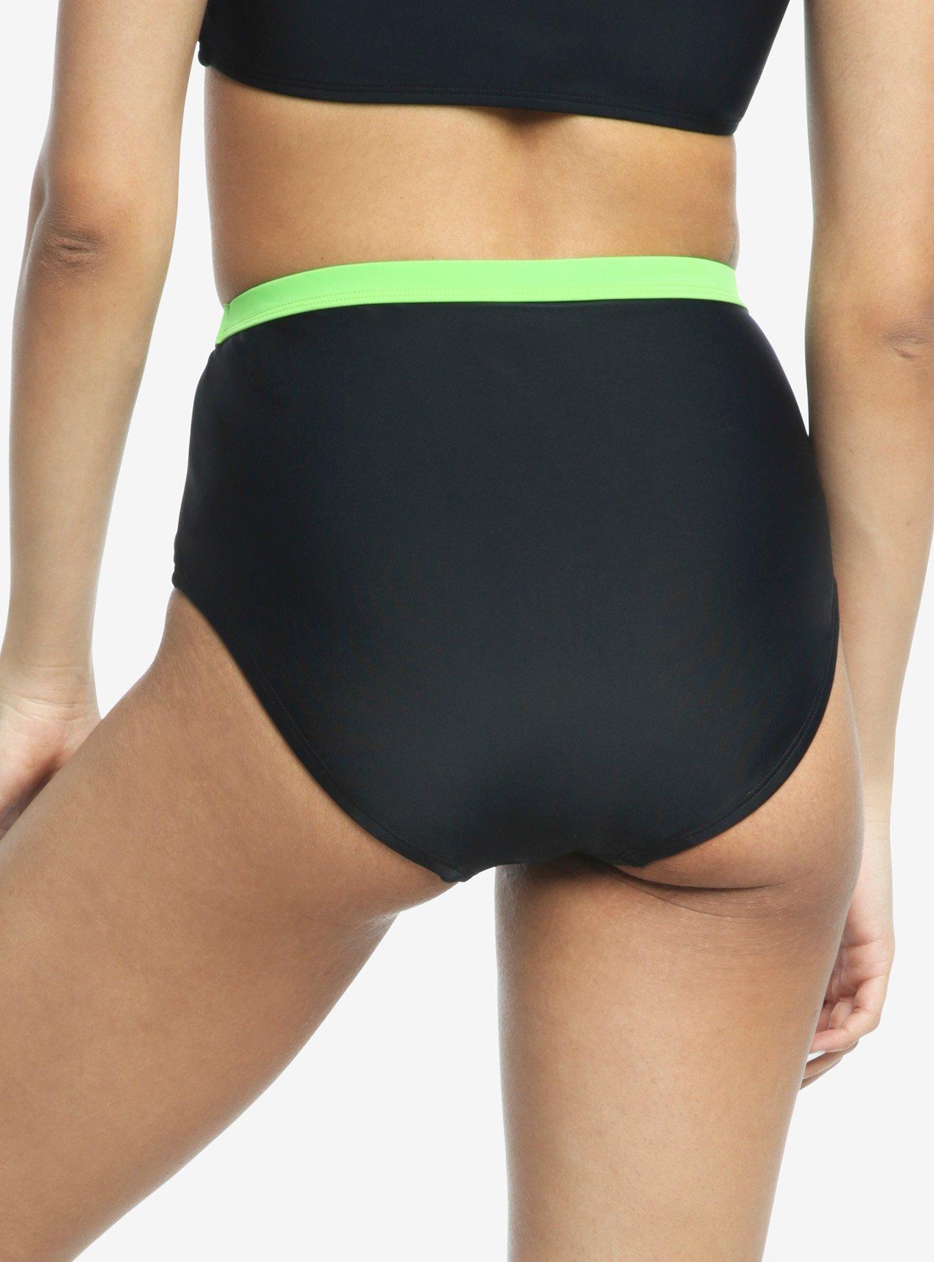 Black & Green Buckle High-Waisted Swim Bottom, GREEN, alternate