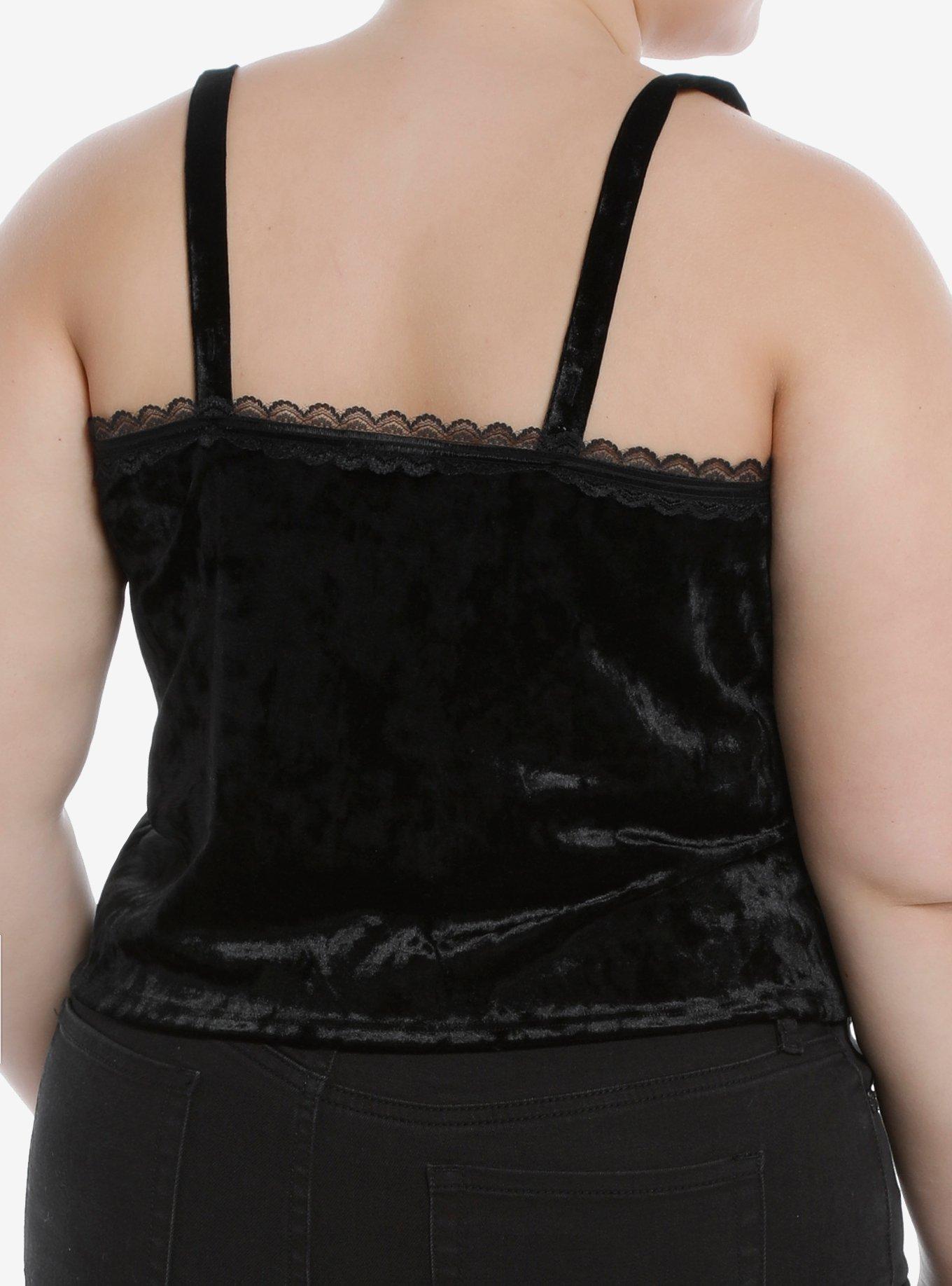 Crushed Velvet & Crystal Charm Girls Strappy Crop Tank Top Plus Size, BLACK, alternate