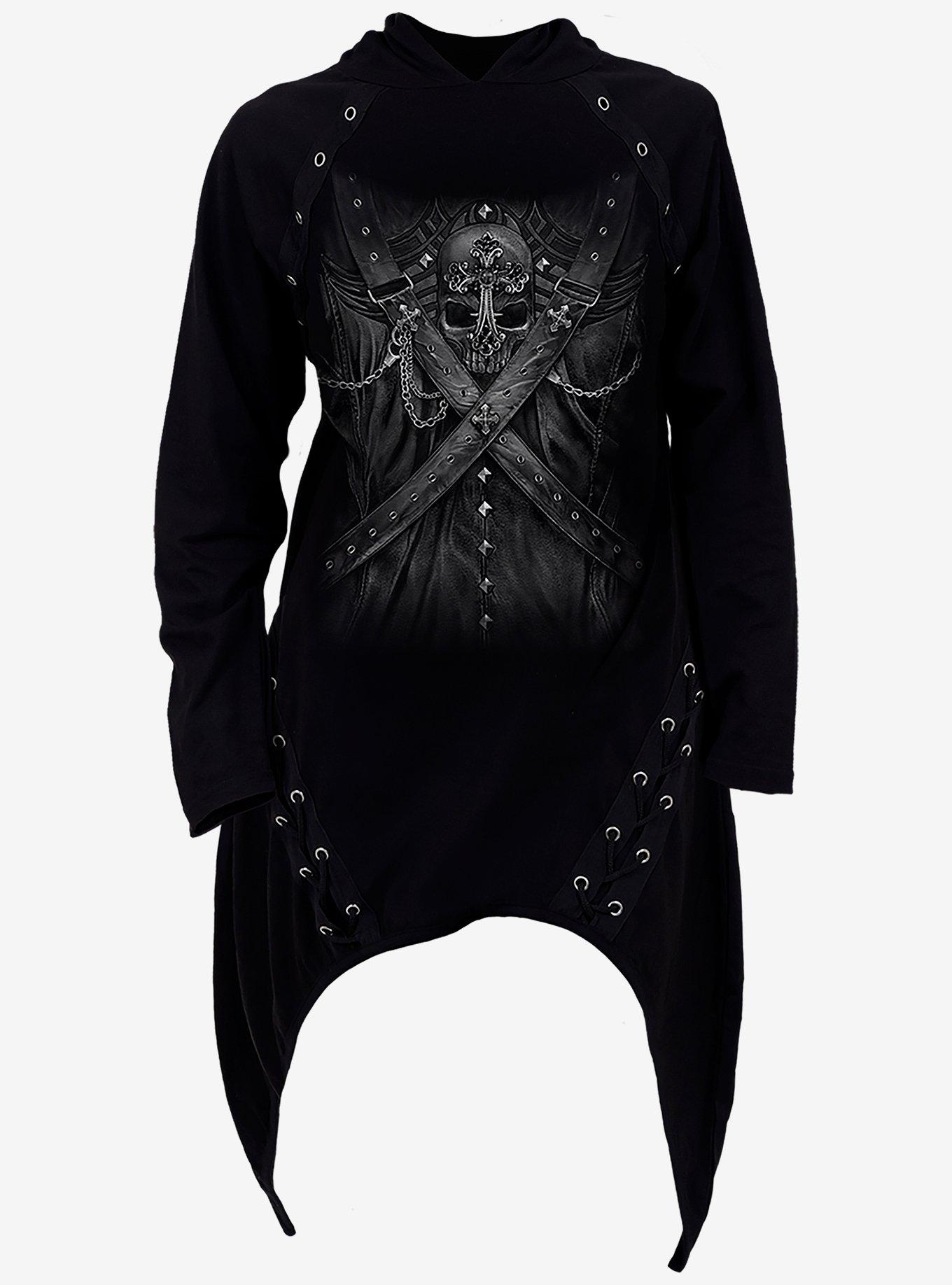 Strapped Lace Up Asymmetrical Hoodie, BLACK, alternate