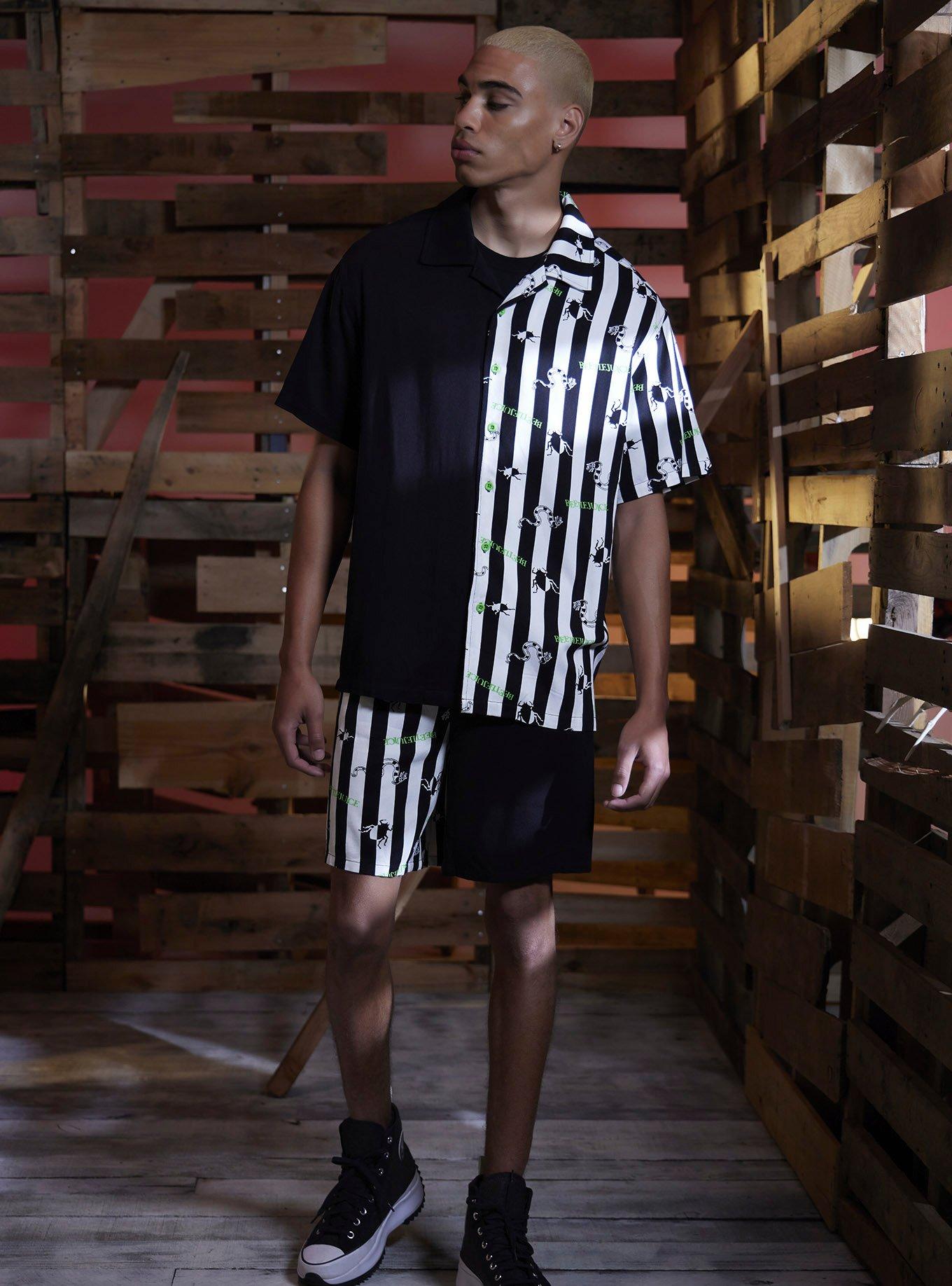 Beetlejuice Stripe Split Woven Button-Up, BLACK, alternate