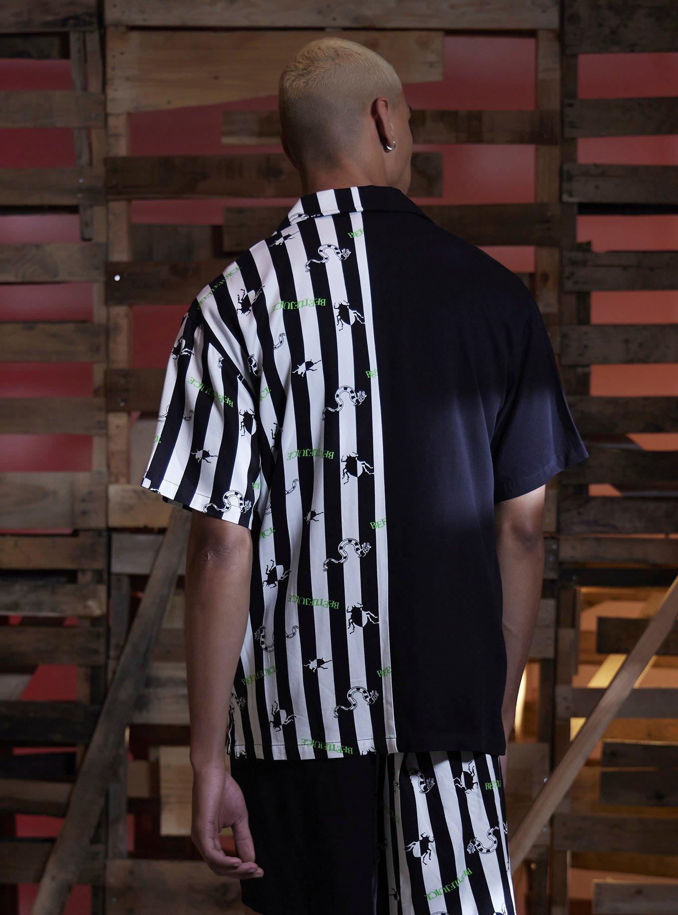 Beetlejuice Stripe Split Woven Button-Up, BLACK, alternate
