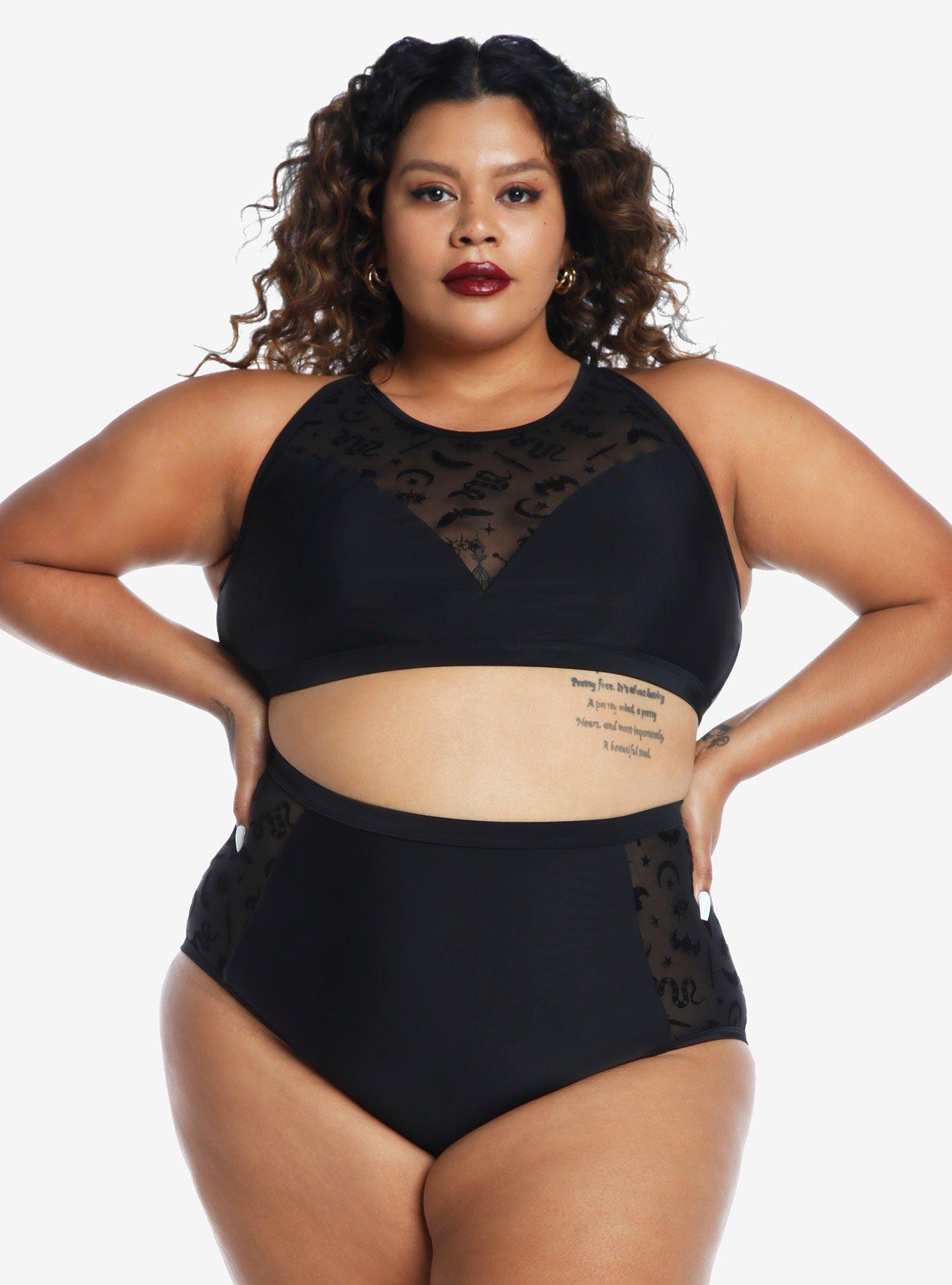 Black Mesh Snake Halter Swim Top Plus Top, MULTI, alternate