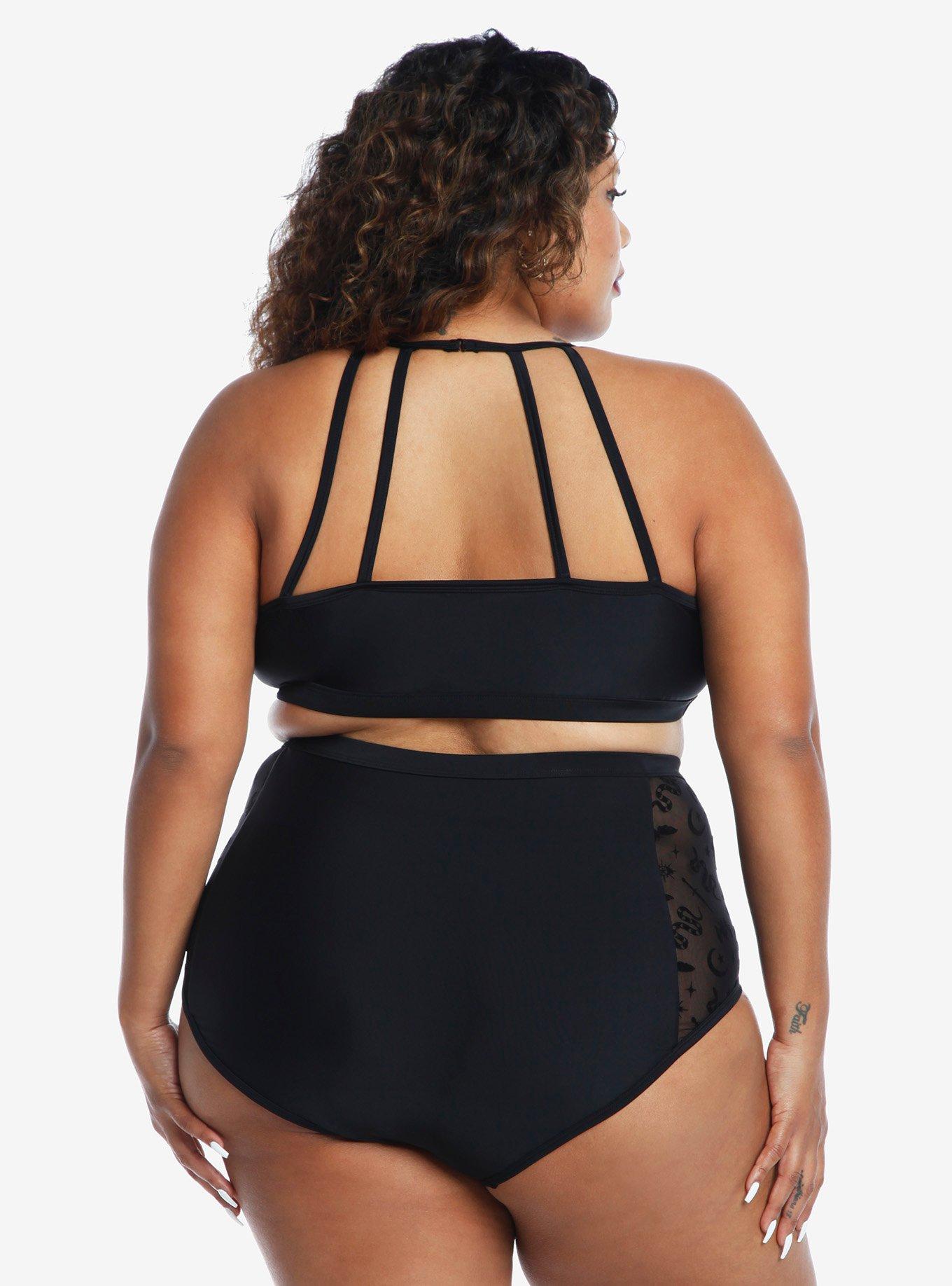Black Mesh Snake Halter Swim Top Plus Top, MULTI, alternate