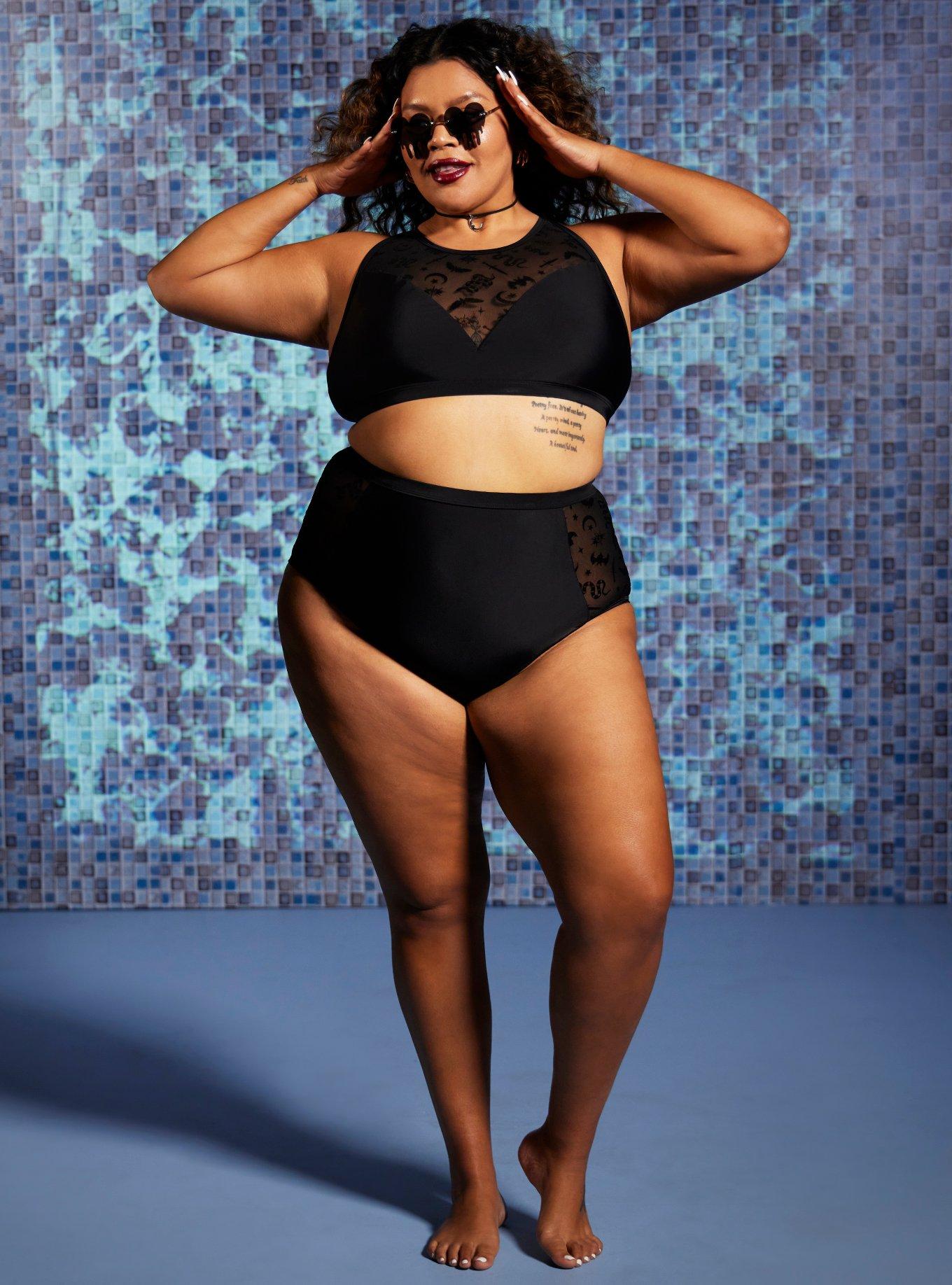 Black Mesh Snake Halter Swim Top Plus Top, MULTI, alternate