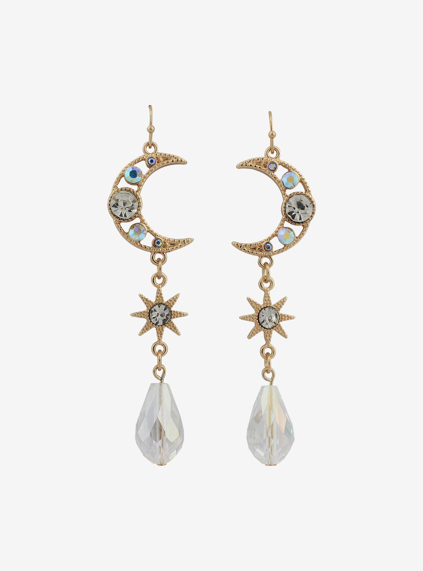 CZ Moon & Sun Dangle Drop Earrings, , alternate