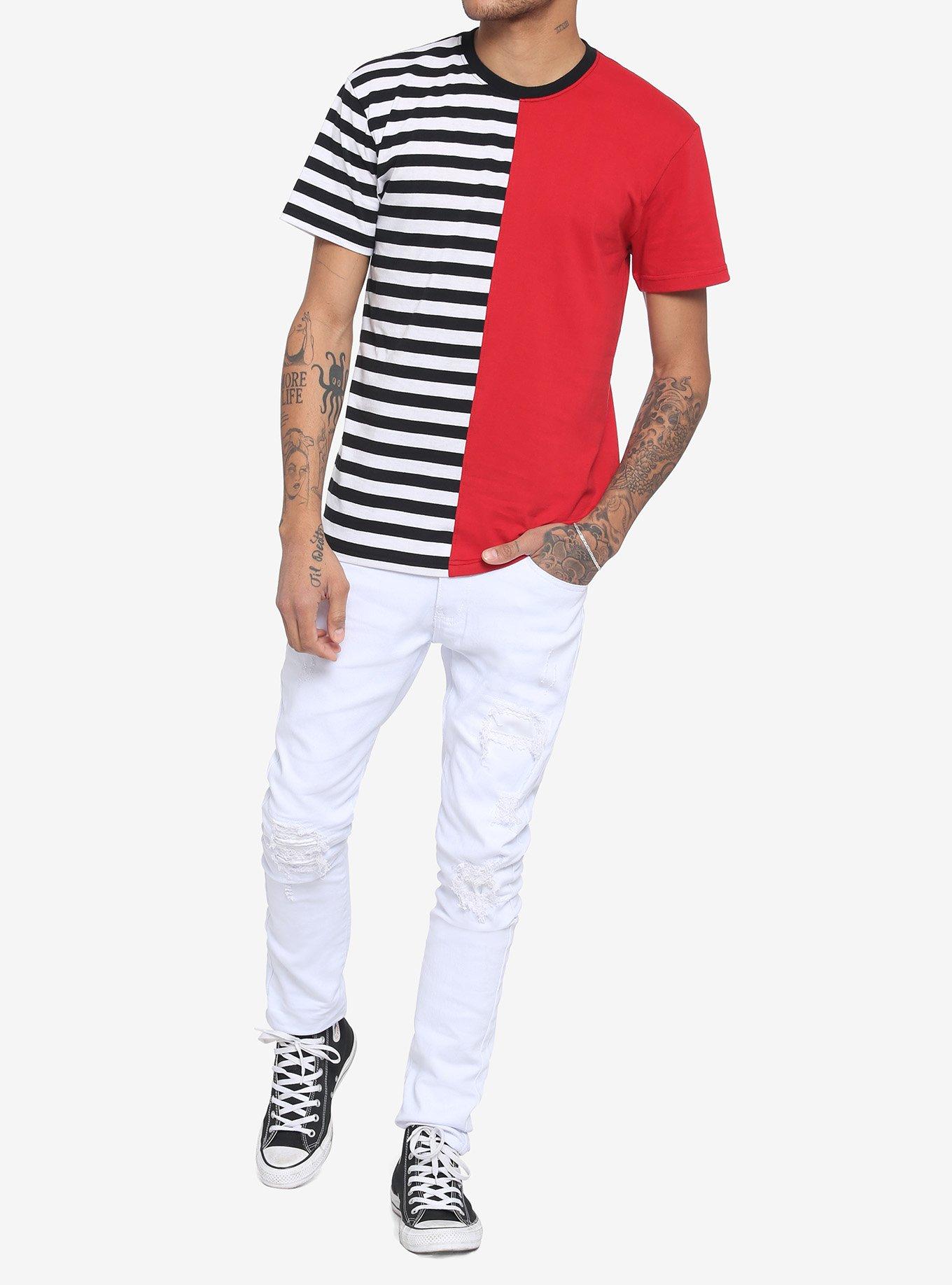 Black & White Stripe & Red Split T-Shirt, BLACK  RED, alternate