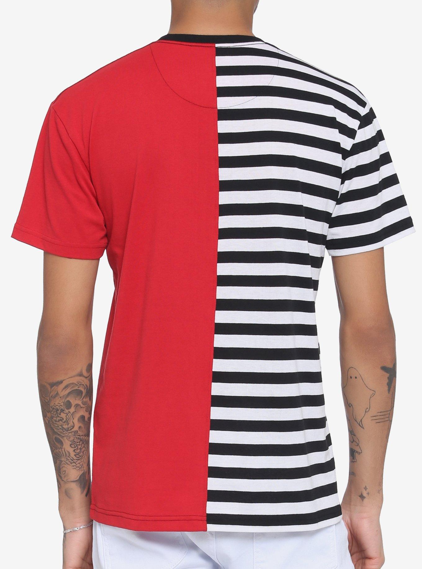 Black & White Stripe & Red Split T-Shirt, BLACK  RED, alternate