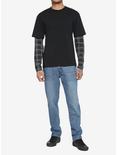 Black & Grey Plaid Sleeve Twofer Long-Sleeve T-Shirt, BLACK, alternate
